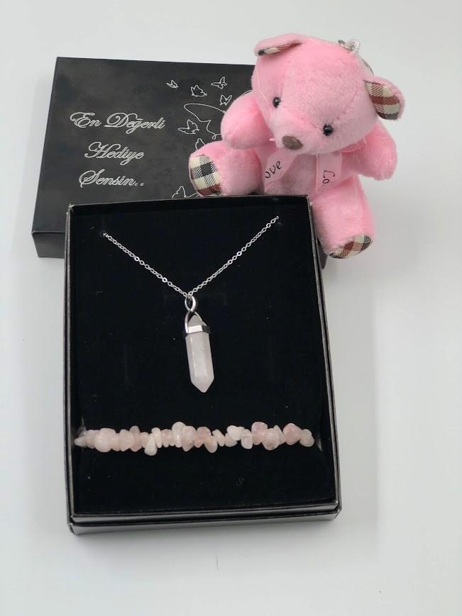 Sevgiliye En Doğal Hediye Seti Ayıcık Anahtarlık Pembe Kuvars Kolye ve Doğal Taş Bileklik