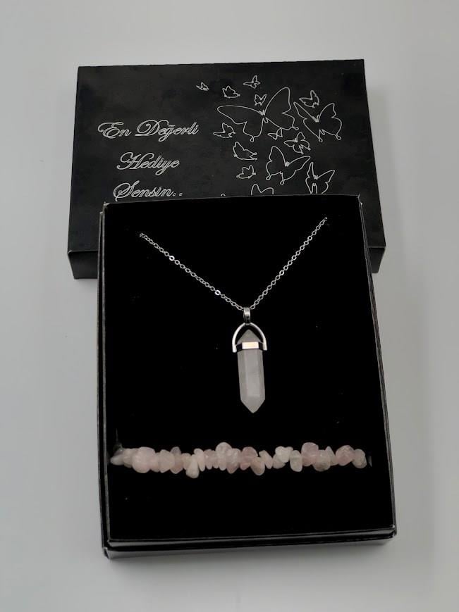 Sevgiliye En Doğal Hediye Seti Pembe Kuvars Kolye ve Doğal Taş Bileklik