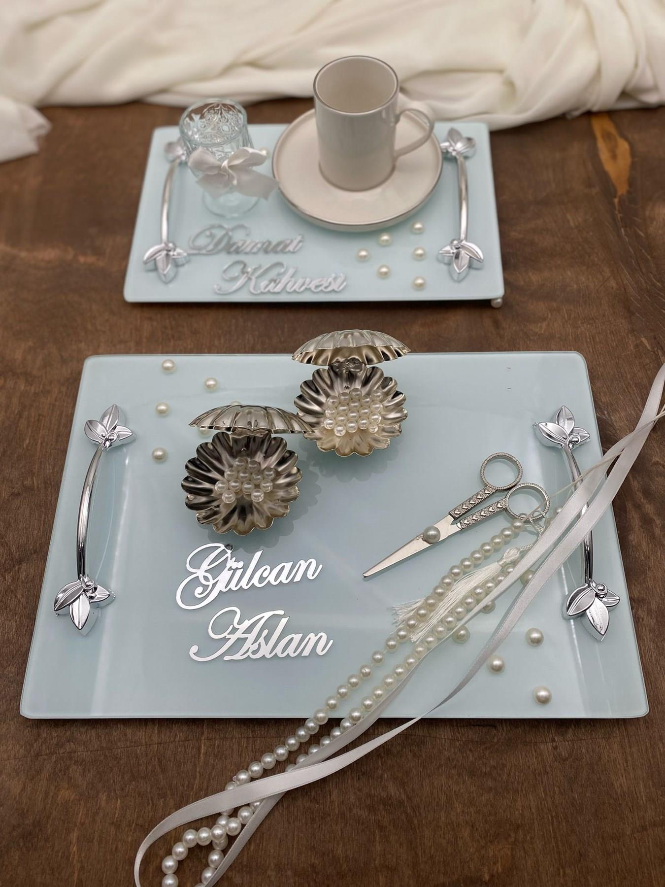 Söz Nişan Tepsi Seti İncili Damat Kahve Tepsisi İncili Söz Nişan Kurdelesi İnci Kız İsteme