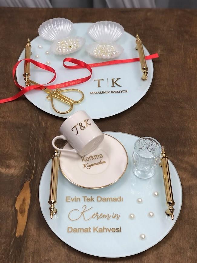 Söz Tepsisi Nişan Tepsisi İsimli Kurdale ve Özel Yazılı 2'li Tepsi Takımı