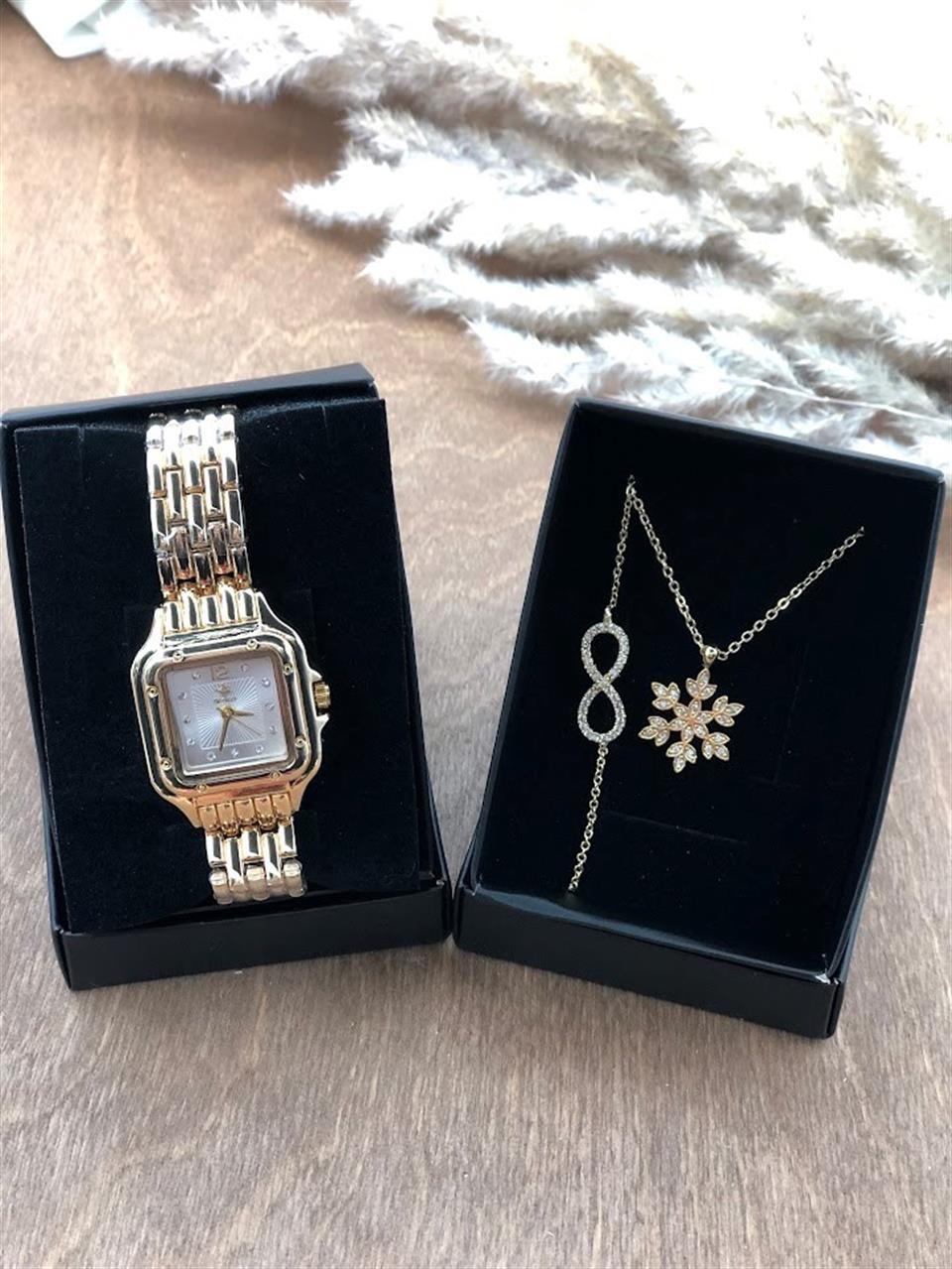 Taşlı Kadın Kol Saati + Bileklik kolye Set 