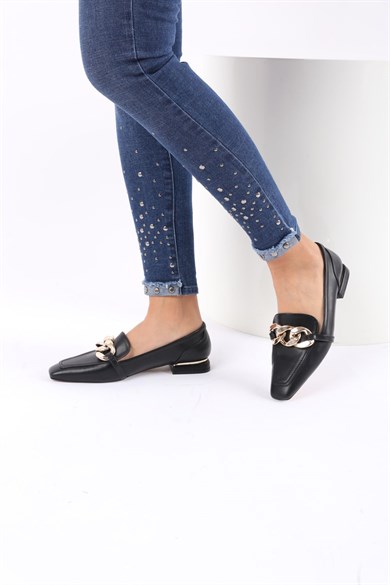 Dgn K61 Kadın Zincir Aksesuarlı Oxford Ayakkabı Siyah
