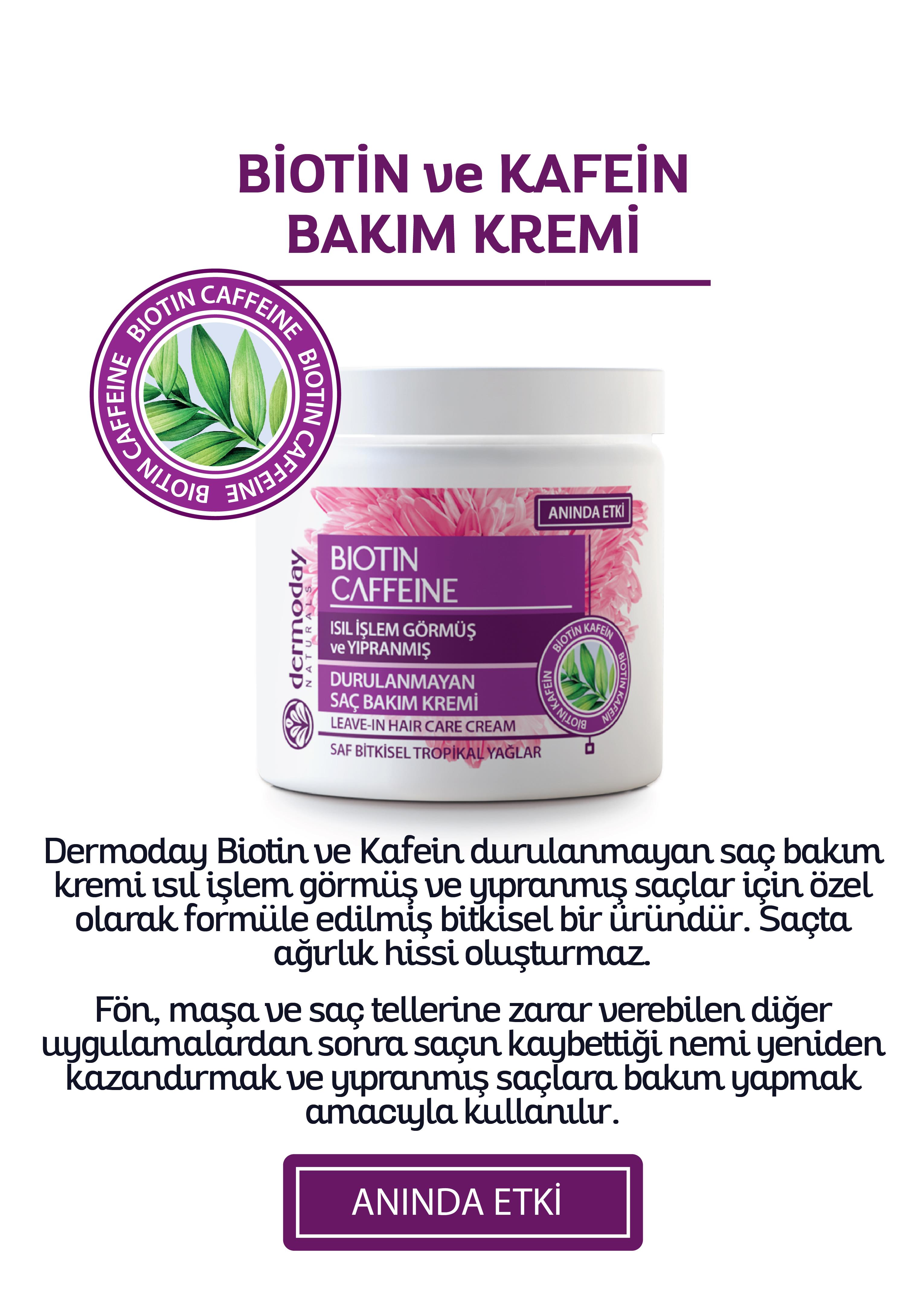 Dermoday Biotin Kafein Durulanmayan Saç Bakım Kremi - Isıl İşlem Görmüş ve Yıpranmış Saçlar