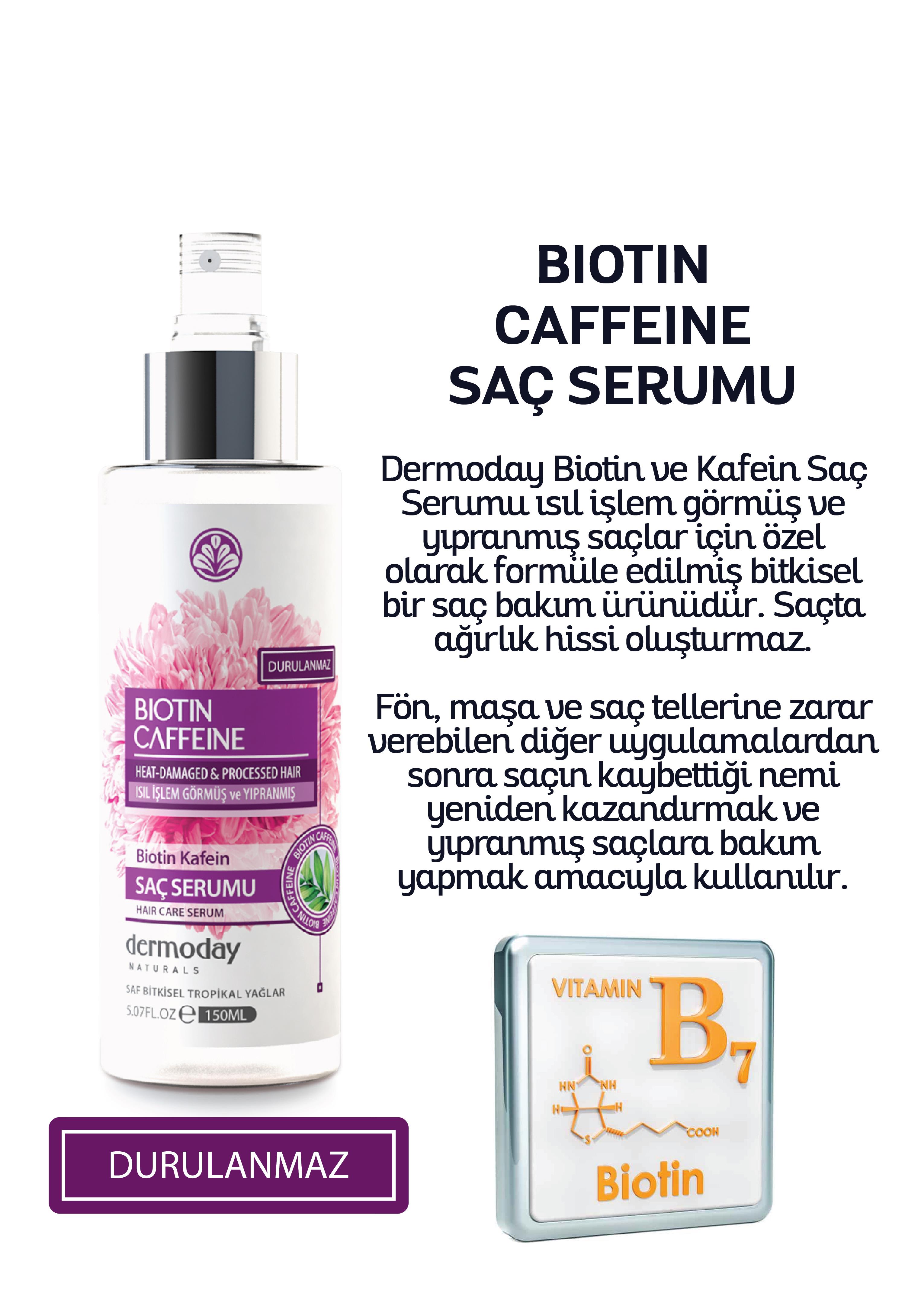 Dermoday Biotin Kafein Saç Serumu - Isıl İşlem Görmüş ve Yıpranmış Saçlar