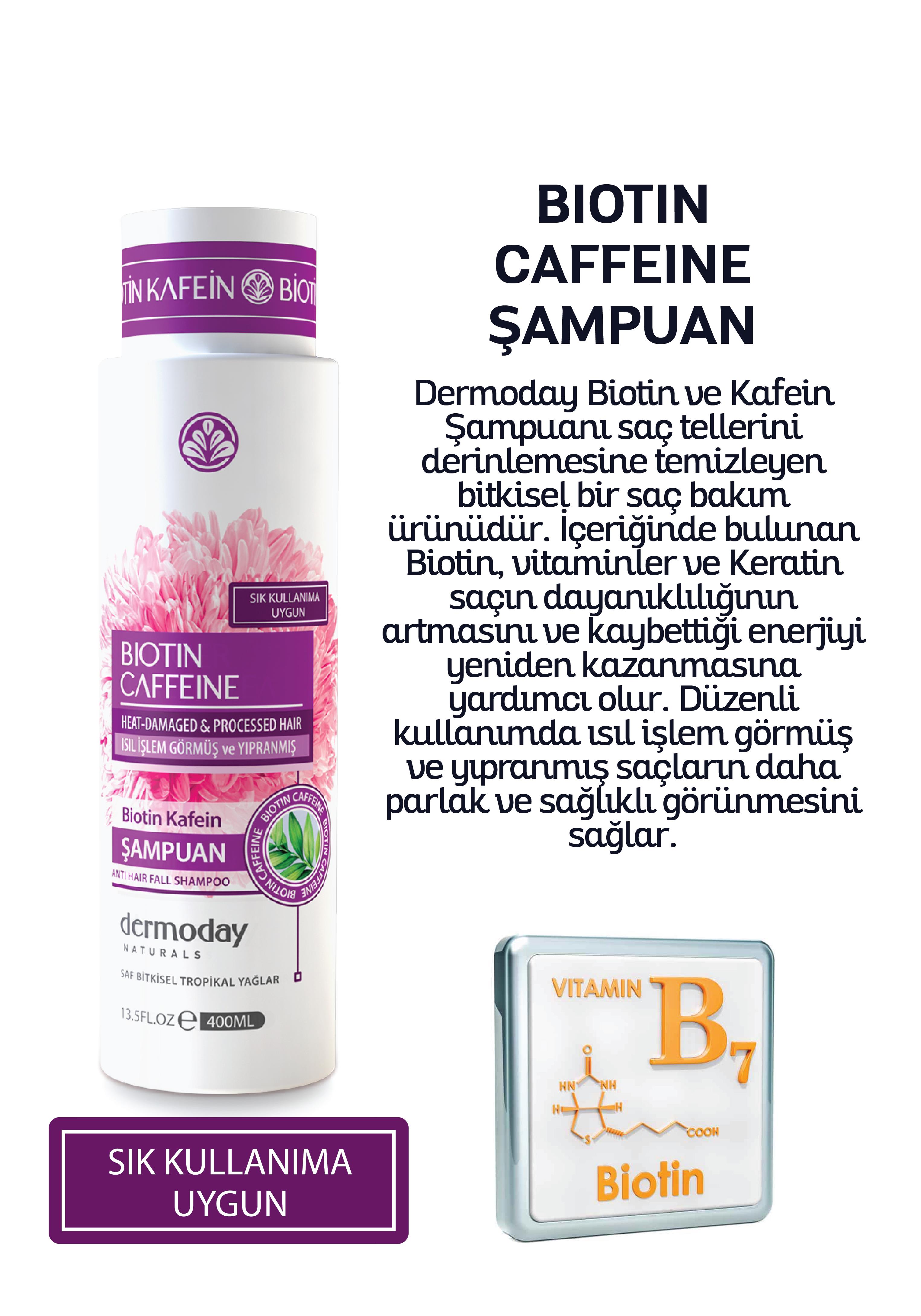 Dermoday Biotin Kafein Şampuan - Isıl İşlem Görmüş ve Yıpranmış Saçlar
