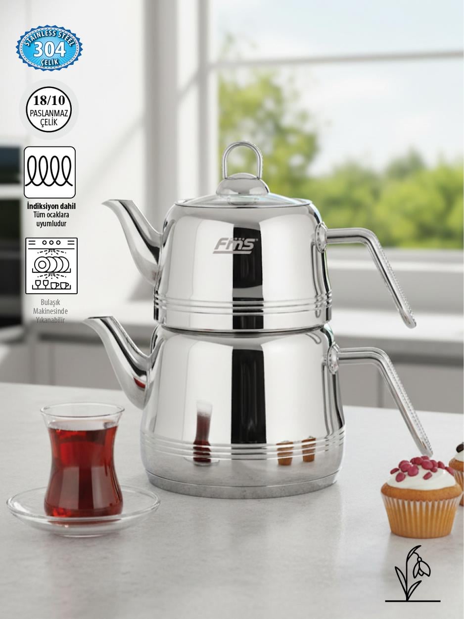 Burcu Mini Çaydanlık |18/10 Paslanmaz | İndüksiyon Uyumlu | 0.8 L + 1.25 L