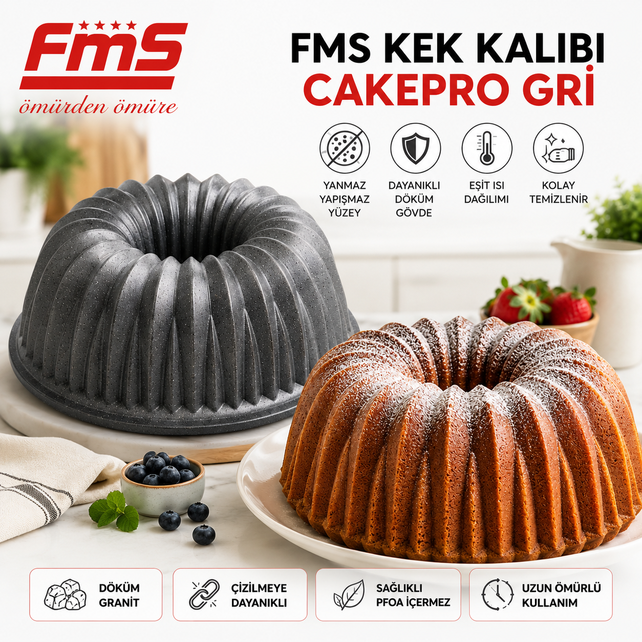 Cakepro Gri Döküm Granit Kek Kalıbı | Yapışmaz Yüzeyli |