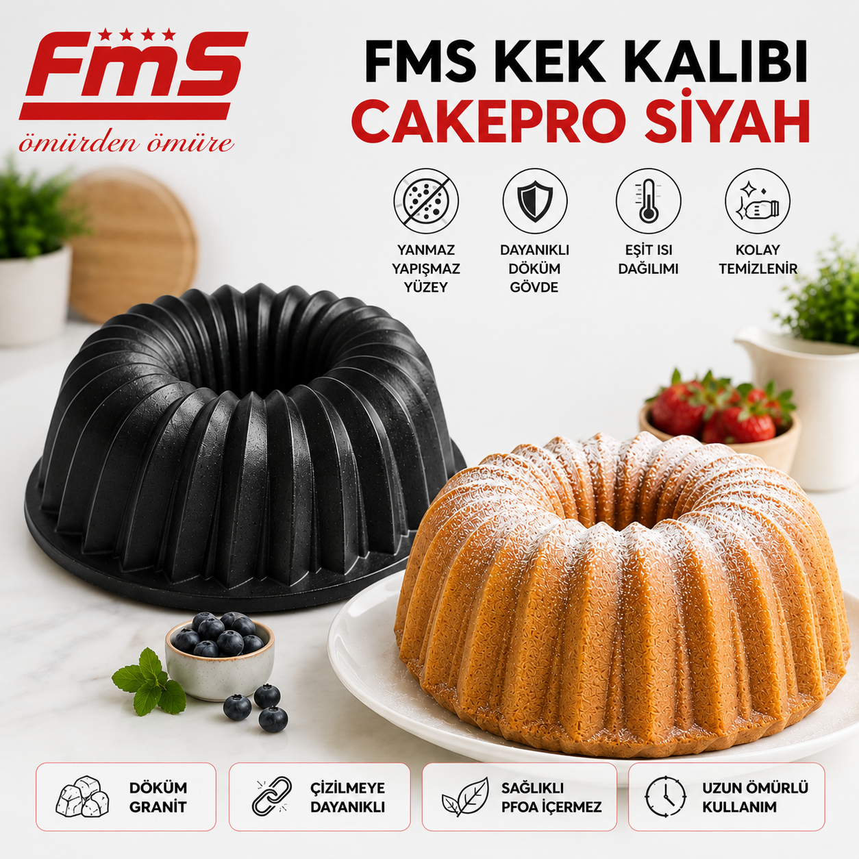 Cakepro Siyah Döküm Granit Kek Kalıbı | Yapışmaz Yüzeyli |
