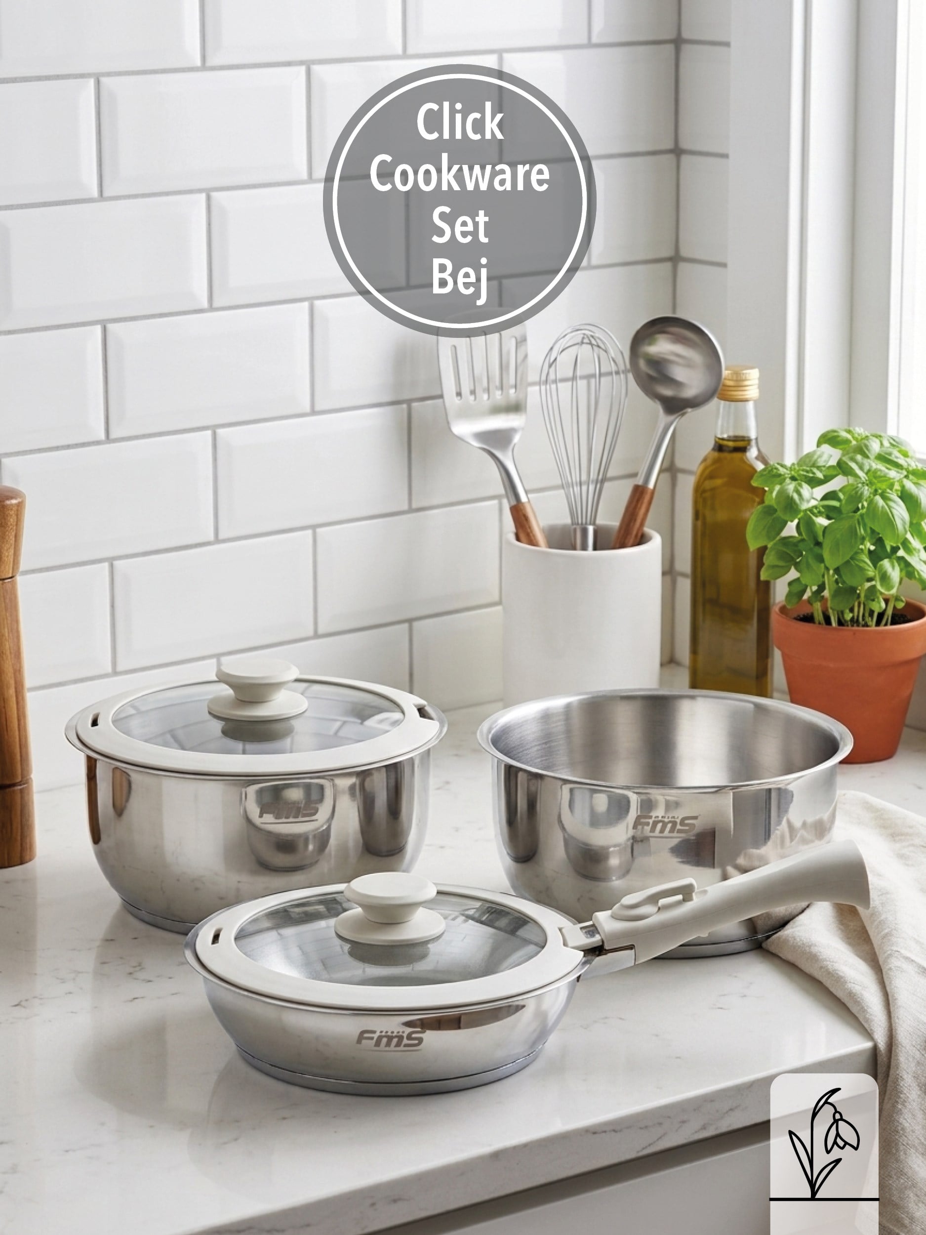 CLICK COOKWARE SET BEJ | 18/10 PASLANMAZ ÇELİK | ÇIKARILABİLİR SAP | 18 CM-22 CM-22 CM |
