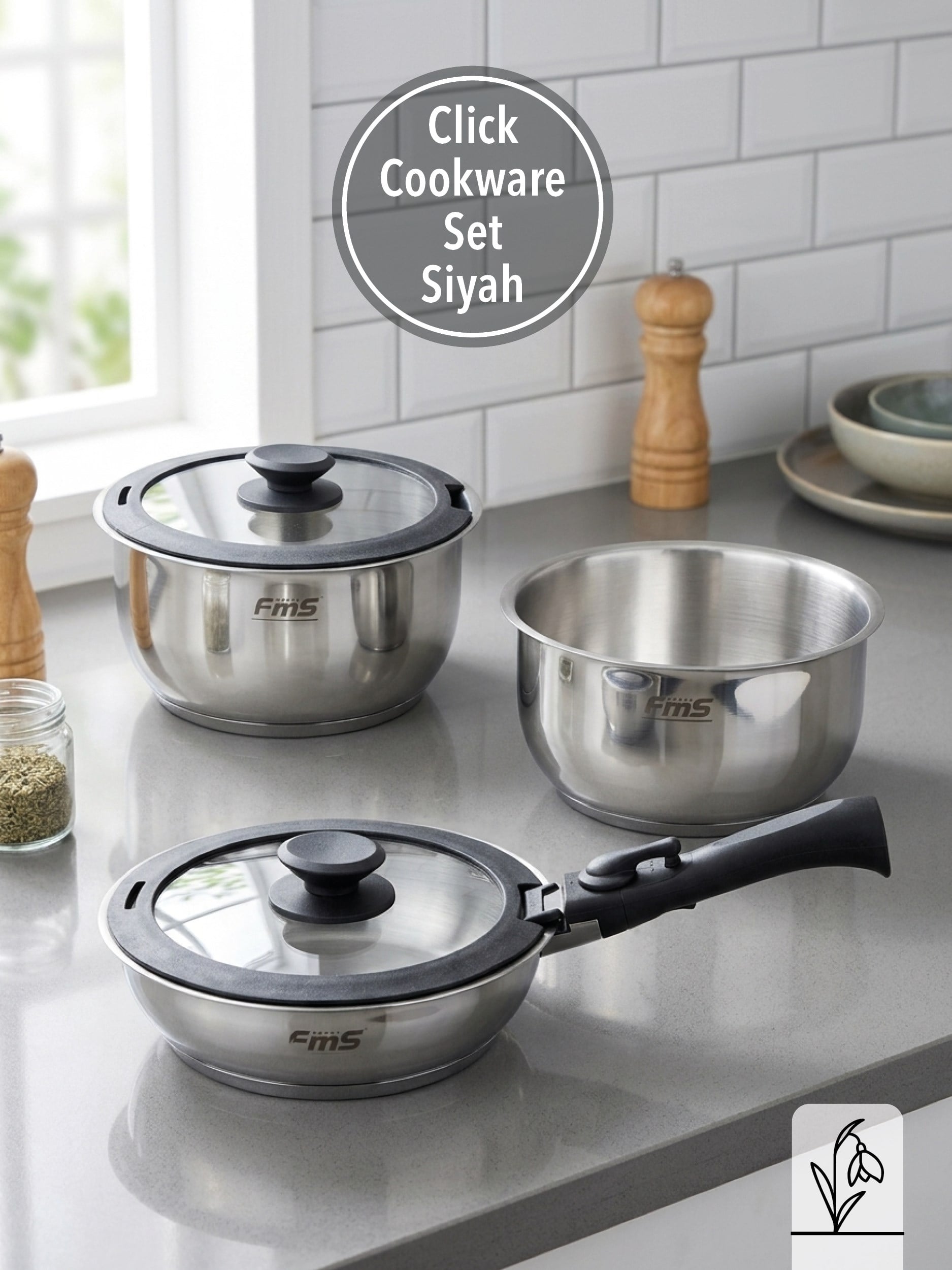 CLICK COOKWARE SET SİYAH | 18/10 PASLANMAZ ÇELİK | ÇIKARILABİLİR SAP | 18 CM-22 CM-22 CM |