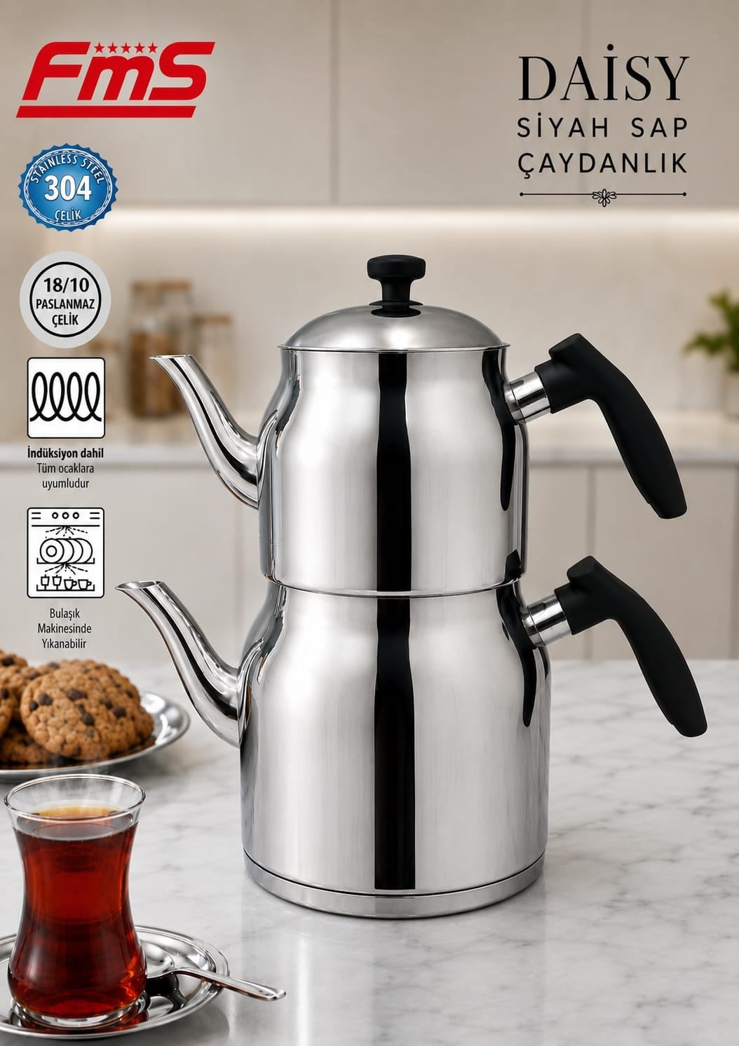 Daisy Büyük Boy Çaydanlık | Siyah Sap | 18/10 Paslanmaz Çelik | 1.50 L + 3,00 L |