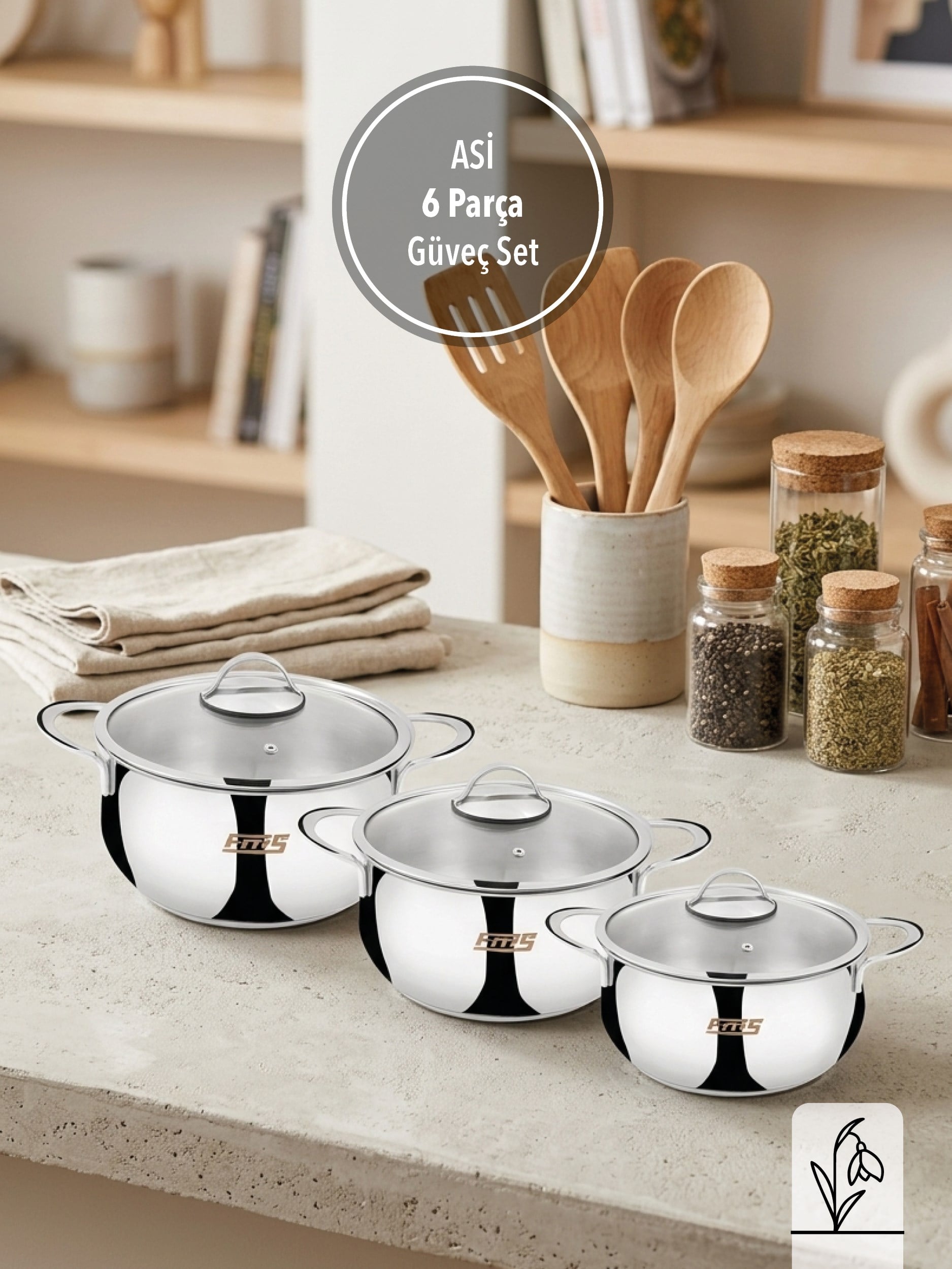 FMS 6 Parça Asi Güveç Seti | 16-18-20 cm |  304 Paslanmaz Çelik |18/10 
