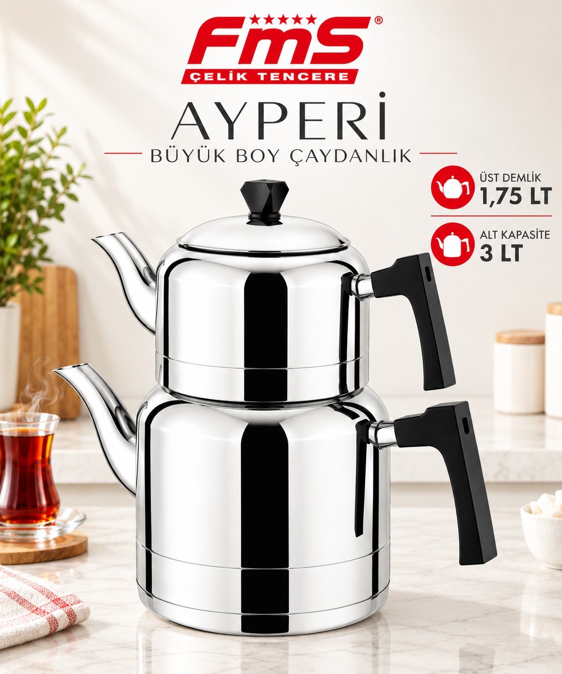 FMS AYPERİ BÜYÜK BOY ÇAYDANLIK | 18/10 PASLANMAZ ÇELİK | İNDÜKSİYON TABAN | 1,75 L + 3 L |