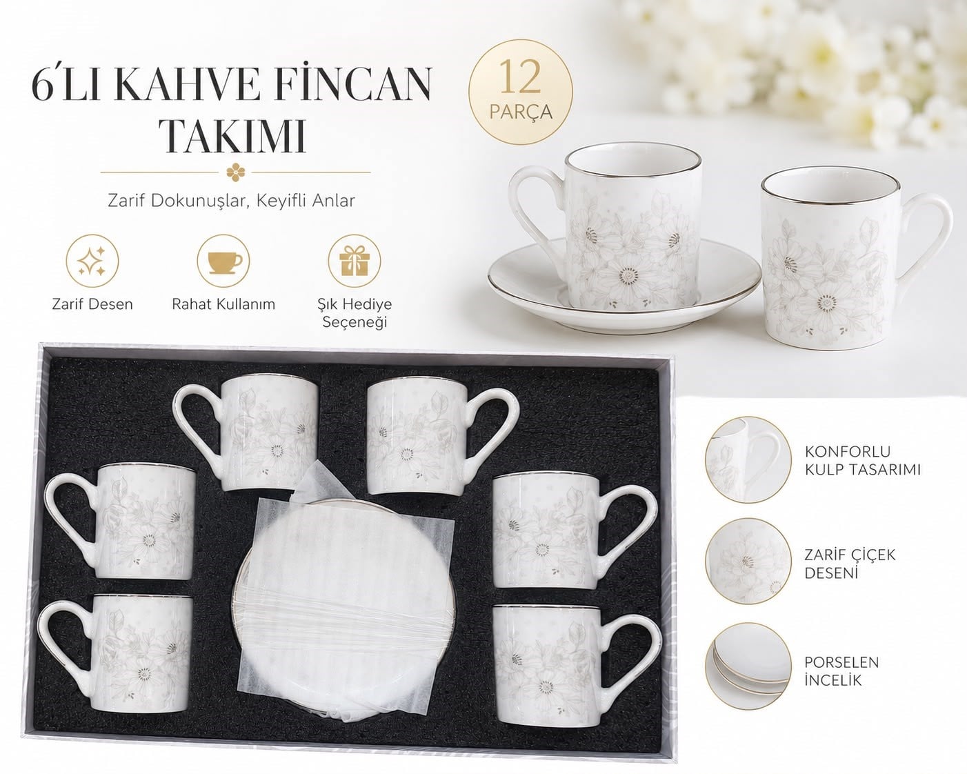 |FMS Flora 6 Kişilik Kahve Fincan Takımı 1215 | 80 ML|