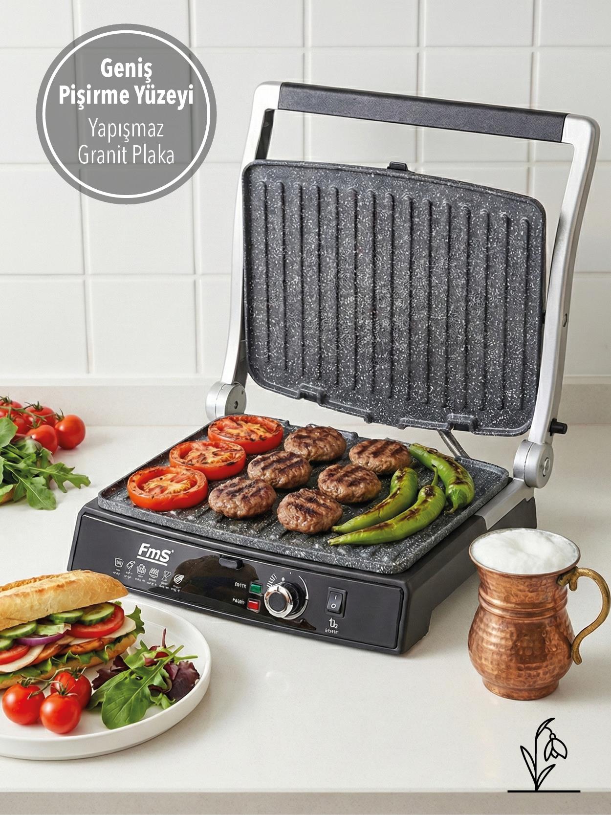 Fms Granit Kollu Tost Makinesi Inoks | 2000W | Ayarlı Termostat | Izgara & Tost