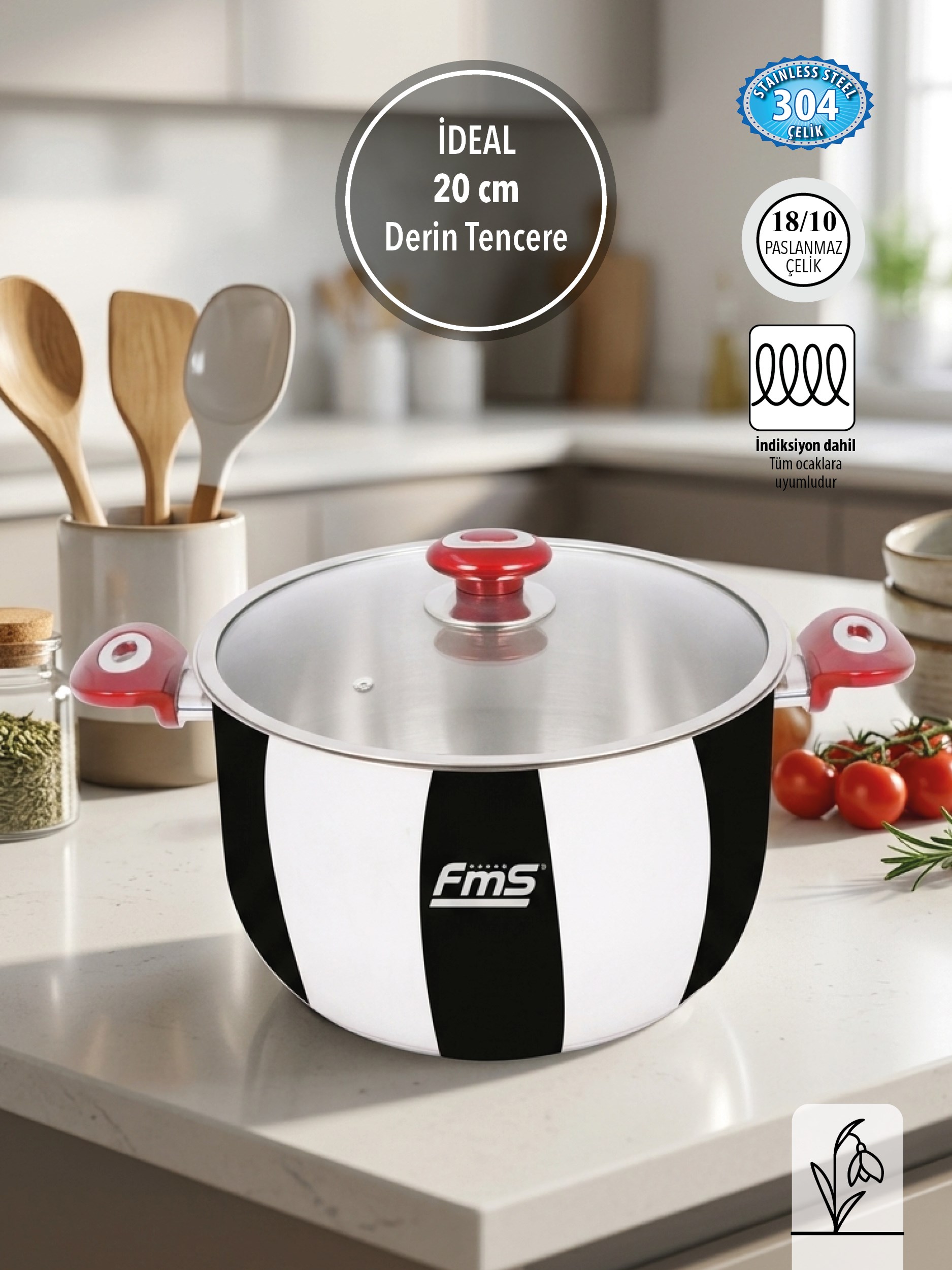 FMS İdeal 20 cm Derin Çelik Tencere Kırmızı | 3.3 Lt | 304 Paslanmaz Çelik | 18/10