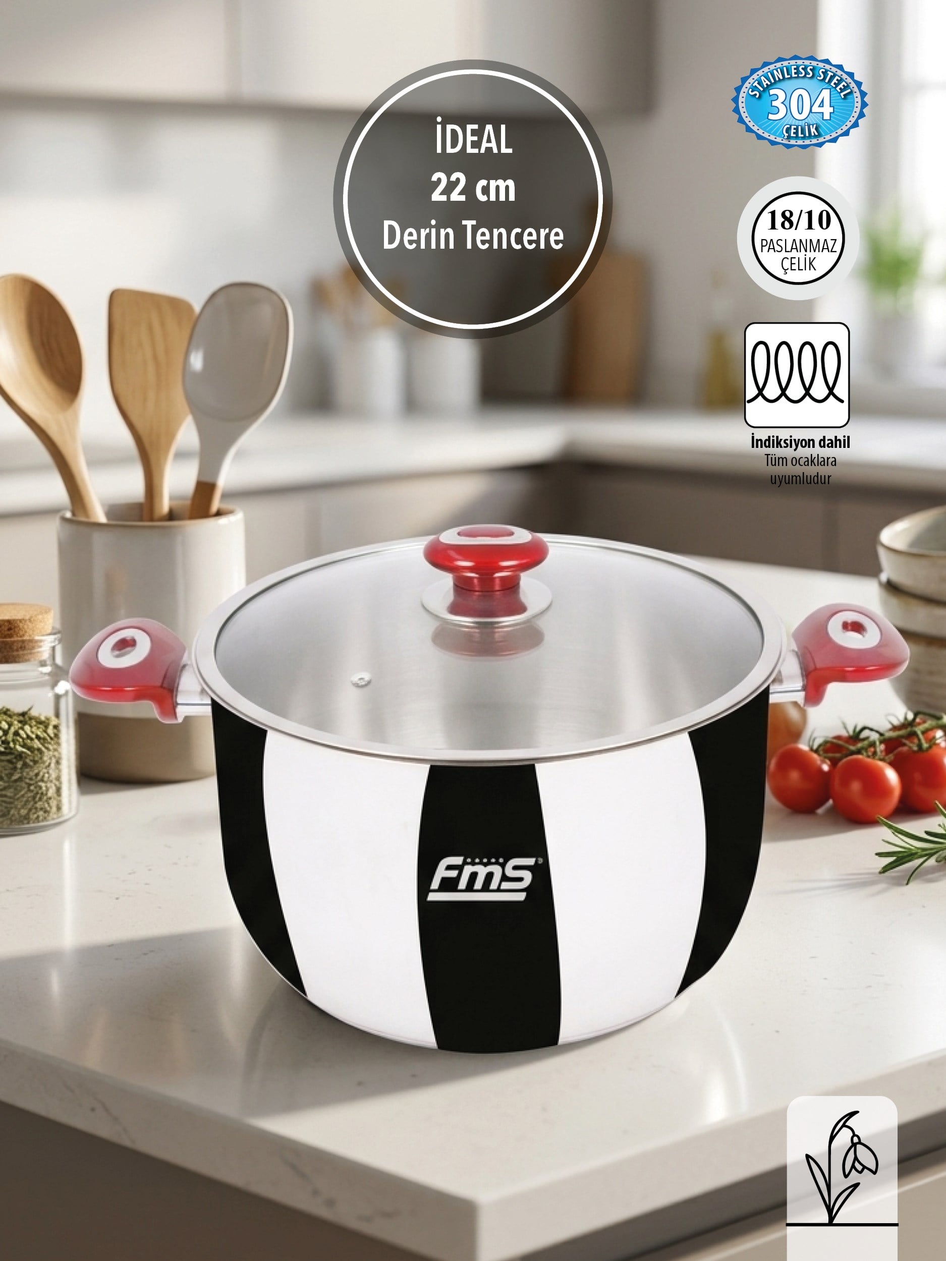 FMS İdeal 22 cm Derin Çelik Tencere Kırmızı | 6.6 Lt | 304 Paslanmaz Çelik | 18/10