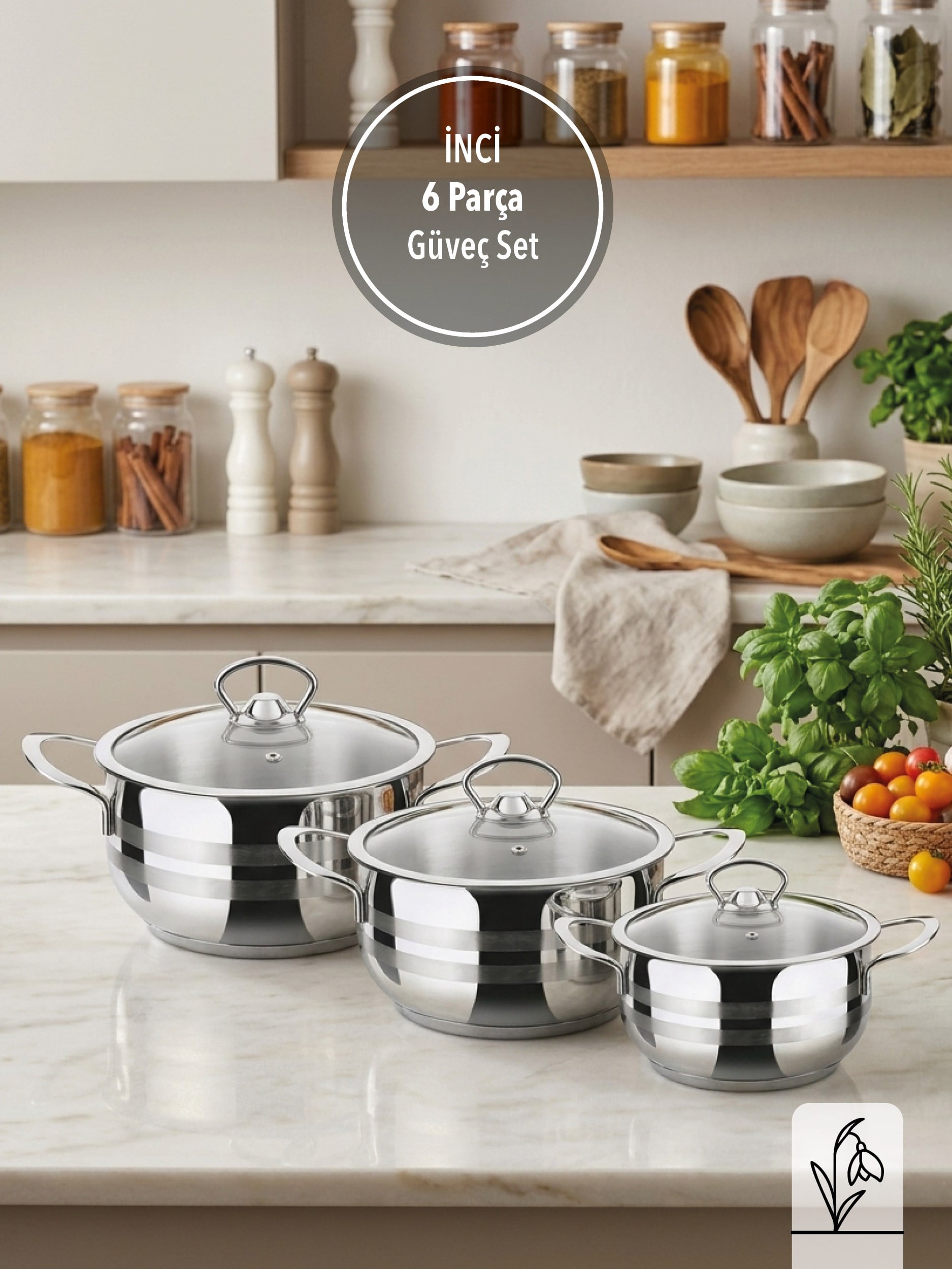 FMS İnci 6 Parça Güveç Seti  16-18-20 cm Derin | 304 Paslanmaz Çelik |  |18/10|  