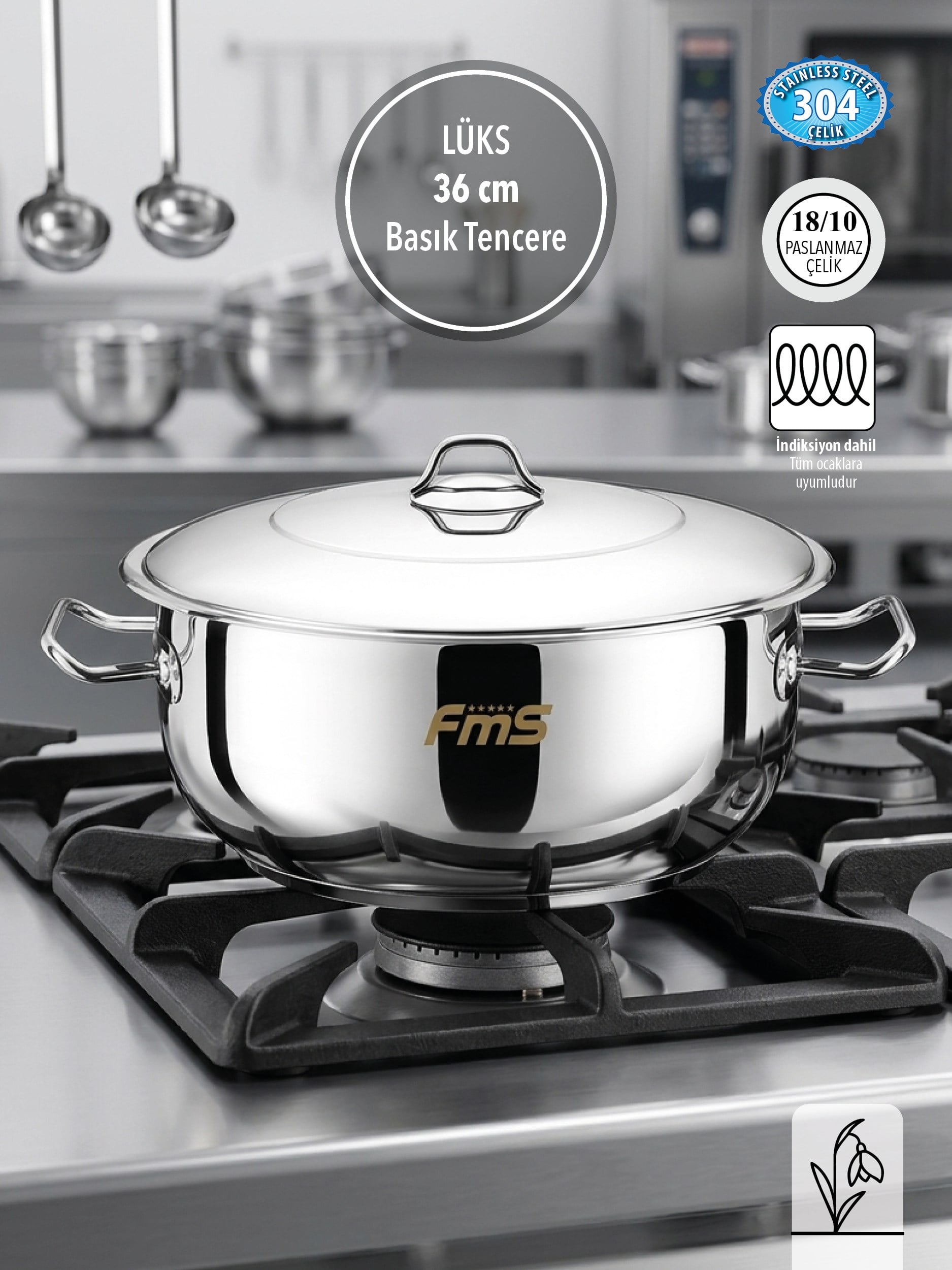 FMS Lüks 36 cm Basık Çelik Tencere | 13.5 Lt | 304 Paslanmaz Çelik Tencere| 18/10