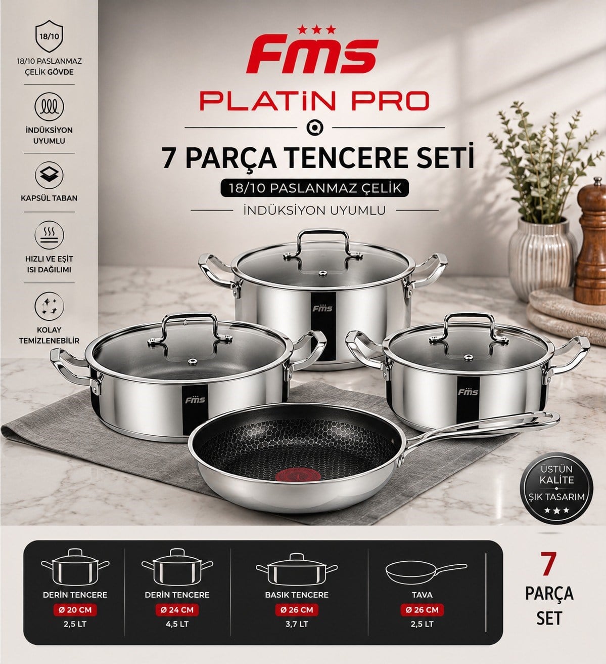 FMS PLATİN PRO 7 PARÇA TENCERE SETİ