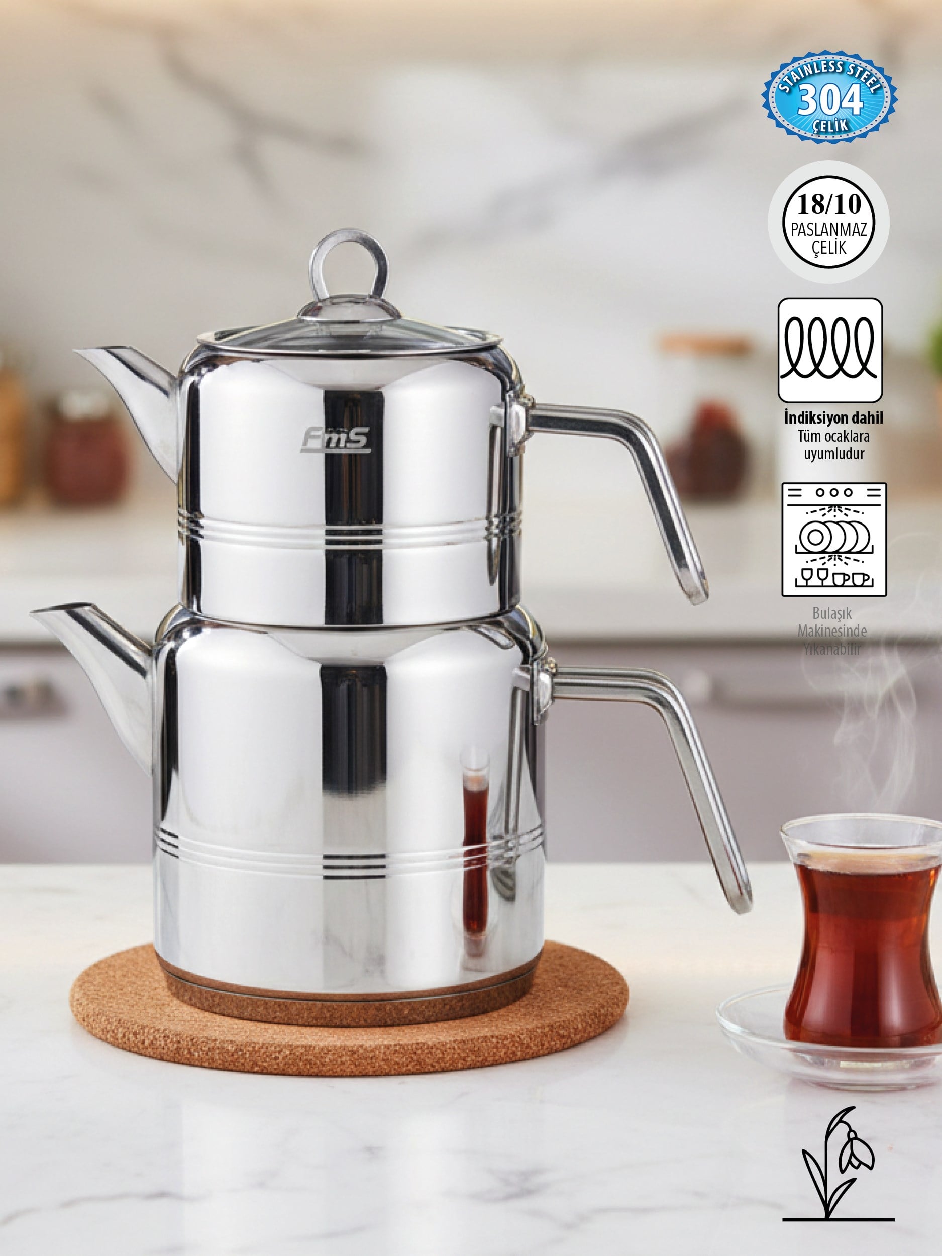 FMS Silindir Mini Çaydanlık | 18/10 Paslanmaz Çelik | İndüksiyon Uyumlu|Şık Tasarım |0.85 L + 1.25 L