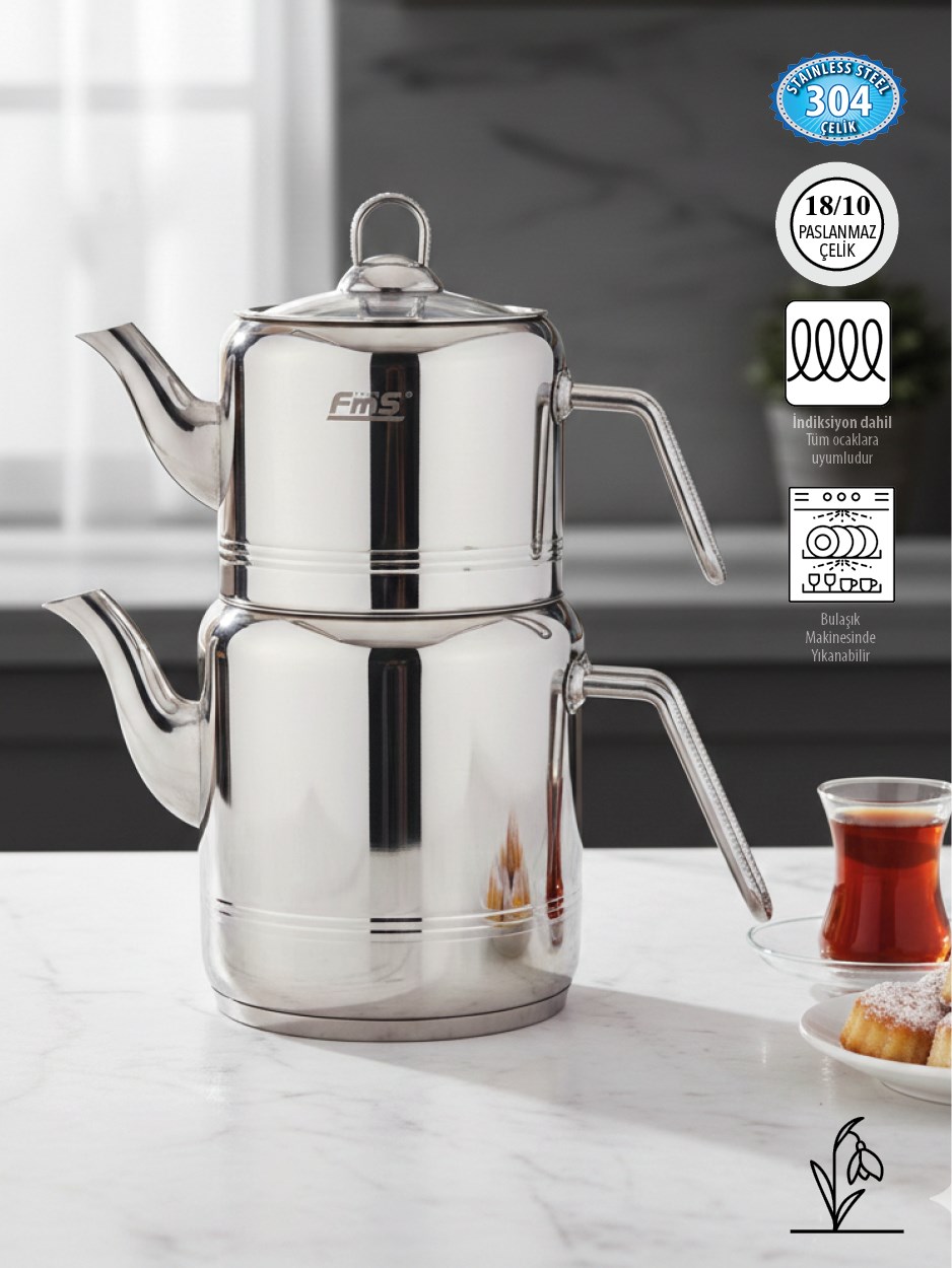 Silindir Elmas Kulp Midi Boy | 18/10 Çelik Çaydanlık | İndüksiyon Taban | 0,6 L + 1 L | 