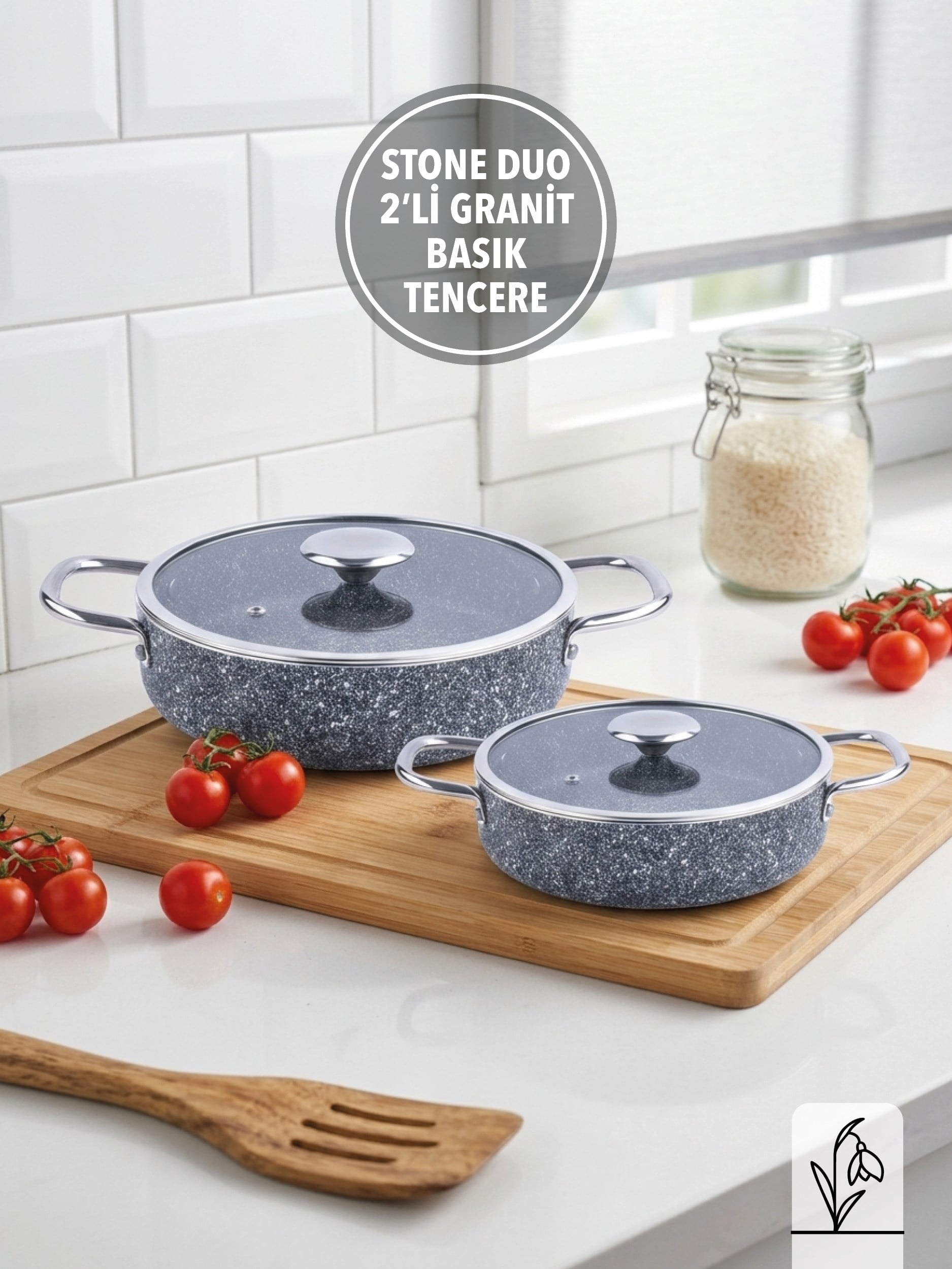 STONE DUO 2'Lİ BASIK SET | 18 CM - 22 CM | YAPIŞMAZ YÜZEY | CAM KAPAKLI |