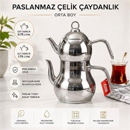 AYDER ORTA BOY ÇAYDANLIK | 18/10 PASLANMAZ ÇELİK | İNDÜKSİYON TABAN | 0,75 L + 1,75 L |