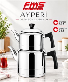 FMS AYPERİ ORTA BOY ÇAYDANLIK | 18/10 PASLANMAZ ÇELİK | İNDÜKSİYON TABAN | 1,20 L + 2 L |