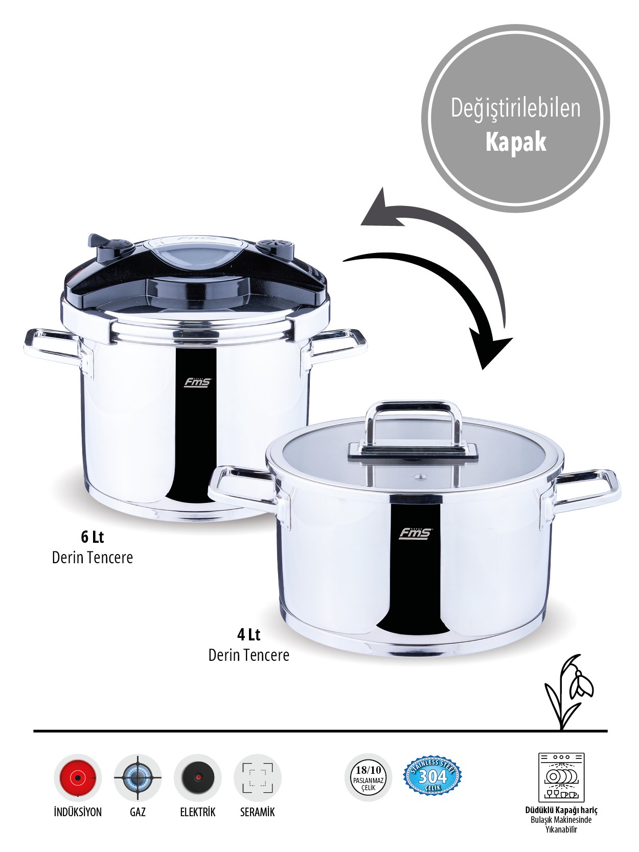Fms Atlas İkiz Düdüklü Set Paslanmaz | 4-6 LT | Güvenli Basınç