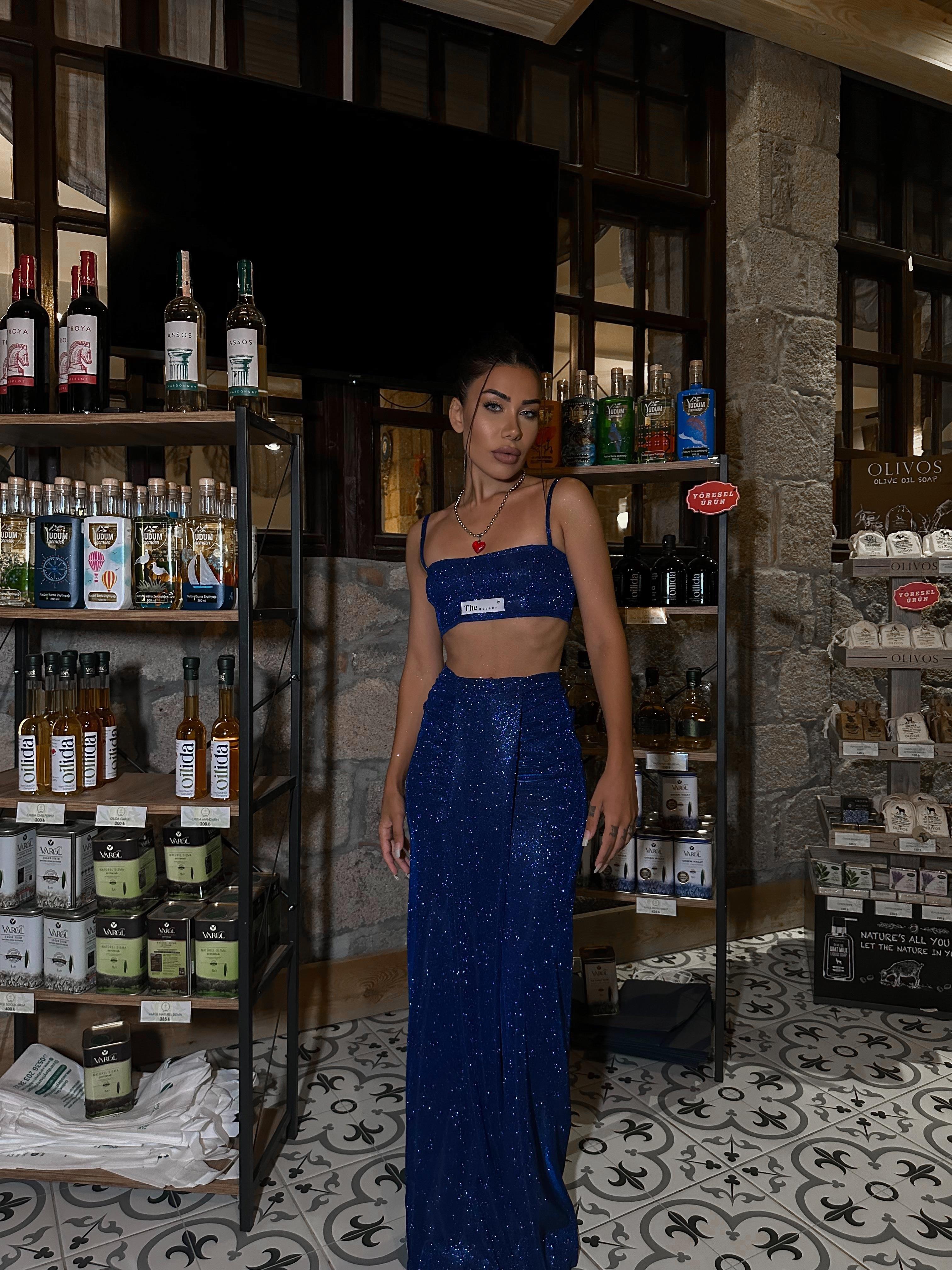 Özel Tasarım Calcite Simli Top Bralet Saks Mavi