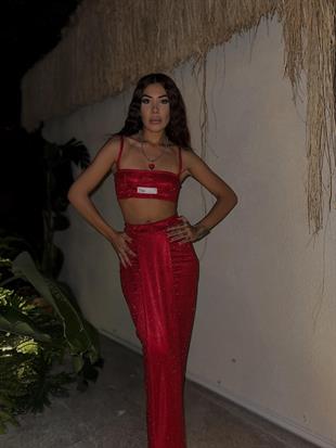 Özel Tasarım Calcite Simli Top Bralet Kırmızı 
