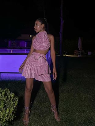 Özel Tasarım Simli Drape Yaka Bluz Pembe