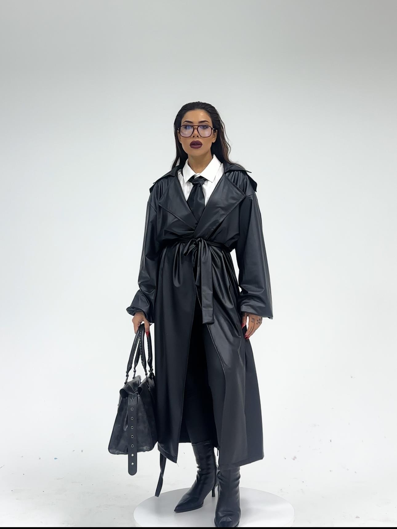 Oversize İnce Deri New York Trenç