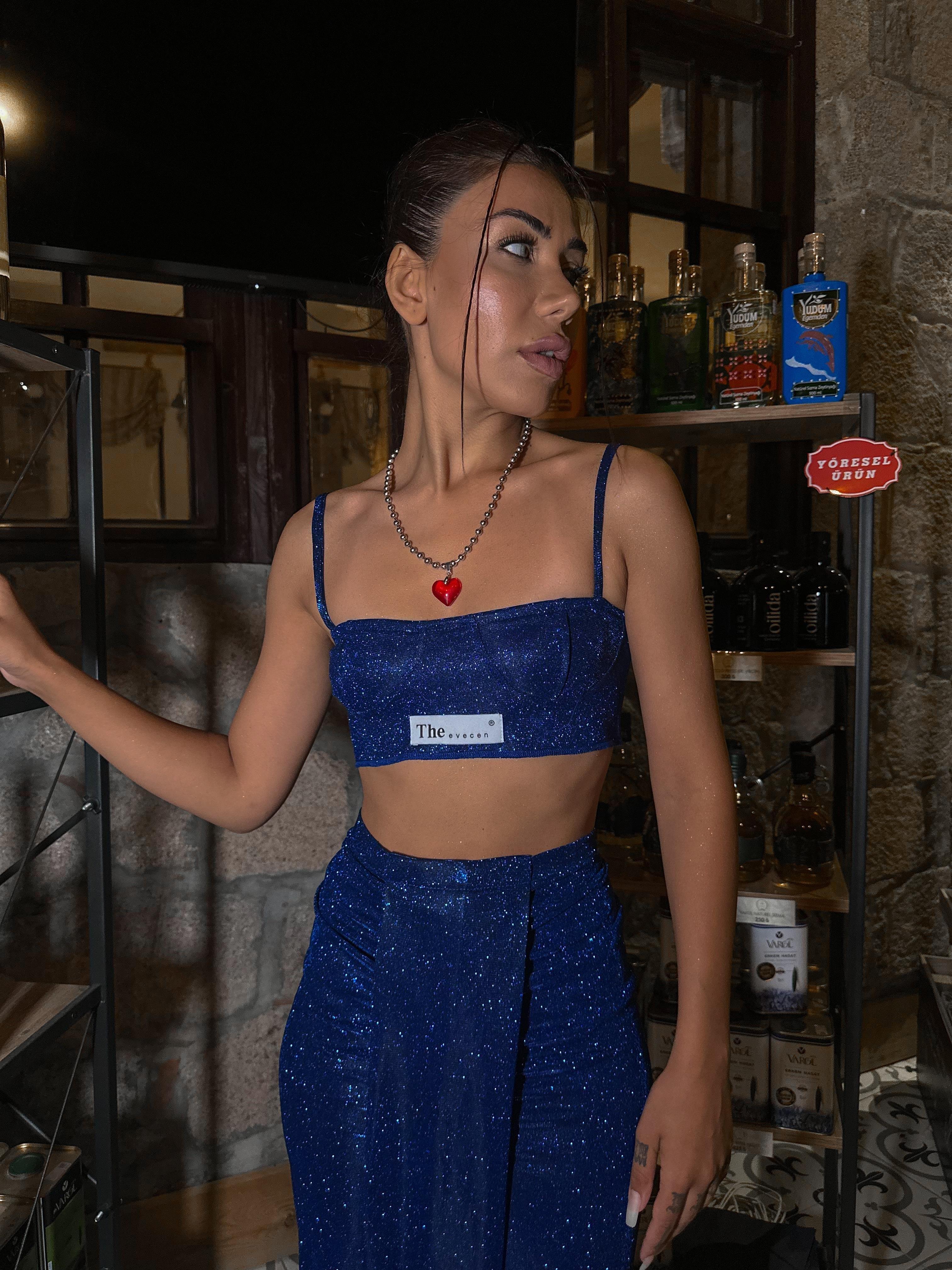 Özel Tasarım Calcite Simli Top Bralet Saks Mavi