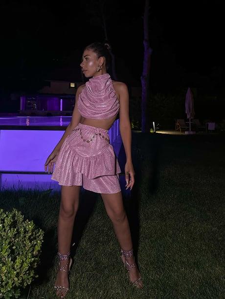 Özel Tasarım Simli Drape Yaka Bluz Pembe