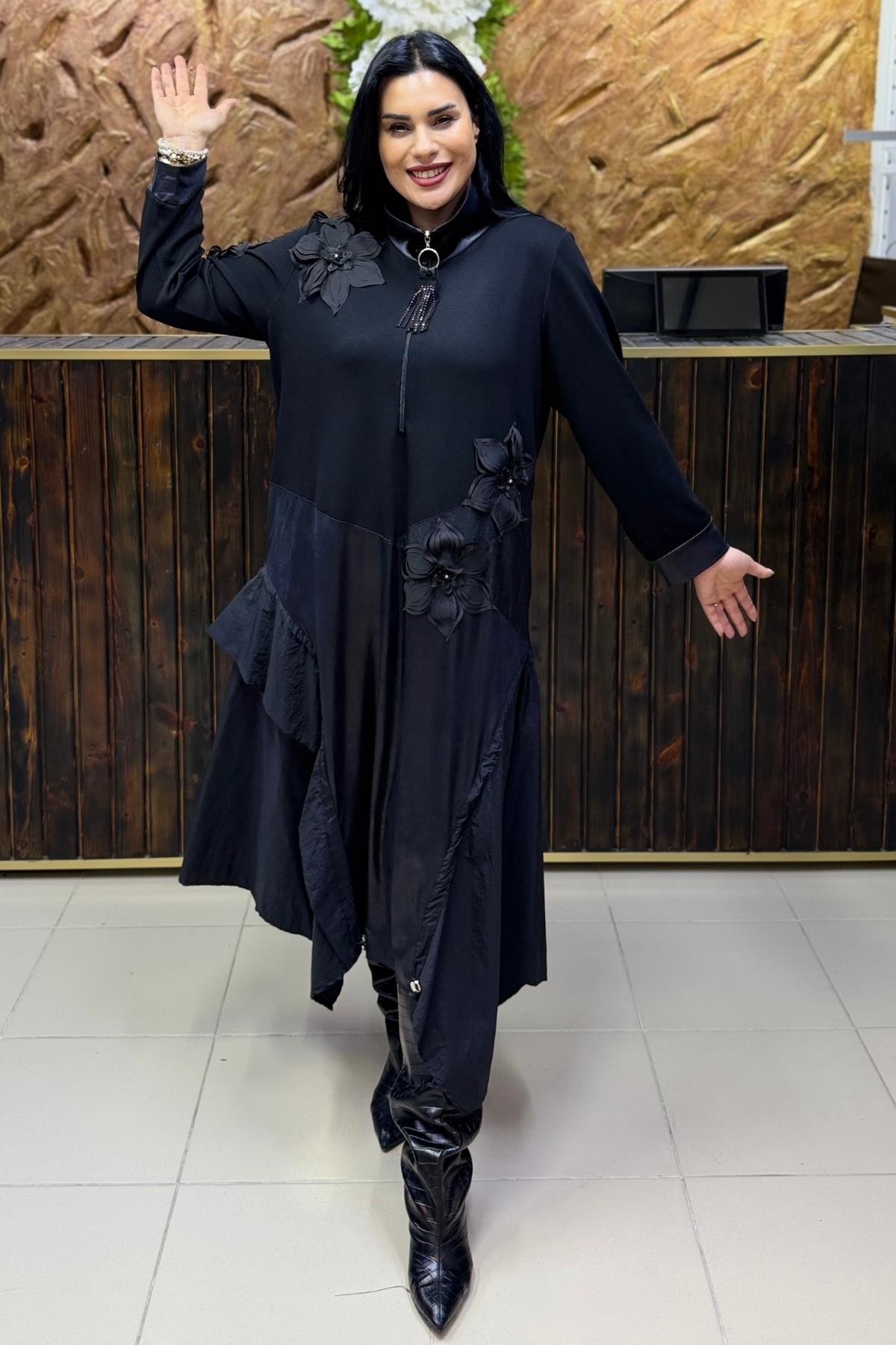 3 BOYUTLU ÇİÇEK DETAYLI MAXİ BÜYÜK BEDEN ELBİSE