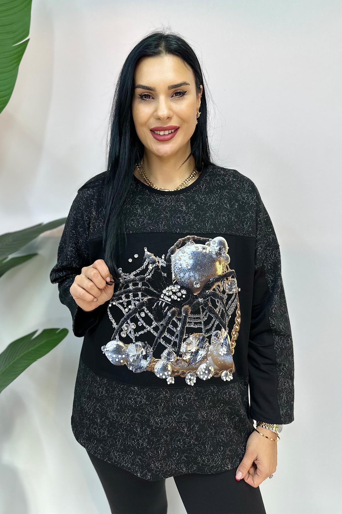 3 Boyutlu Örümcek Baskılı Büyük Beden Sweat - Siyah