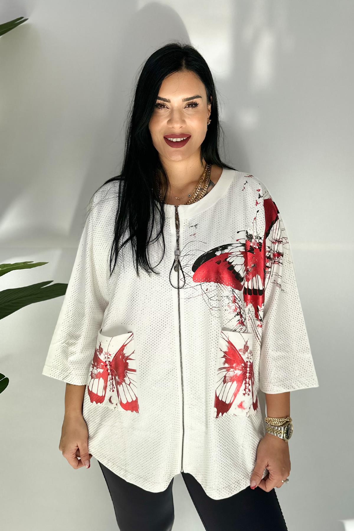 8633 C&M KELEBEK BASKILI TAŞLI SWEATSHİRT - BEYAZ