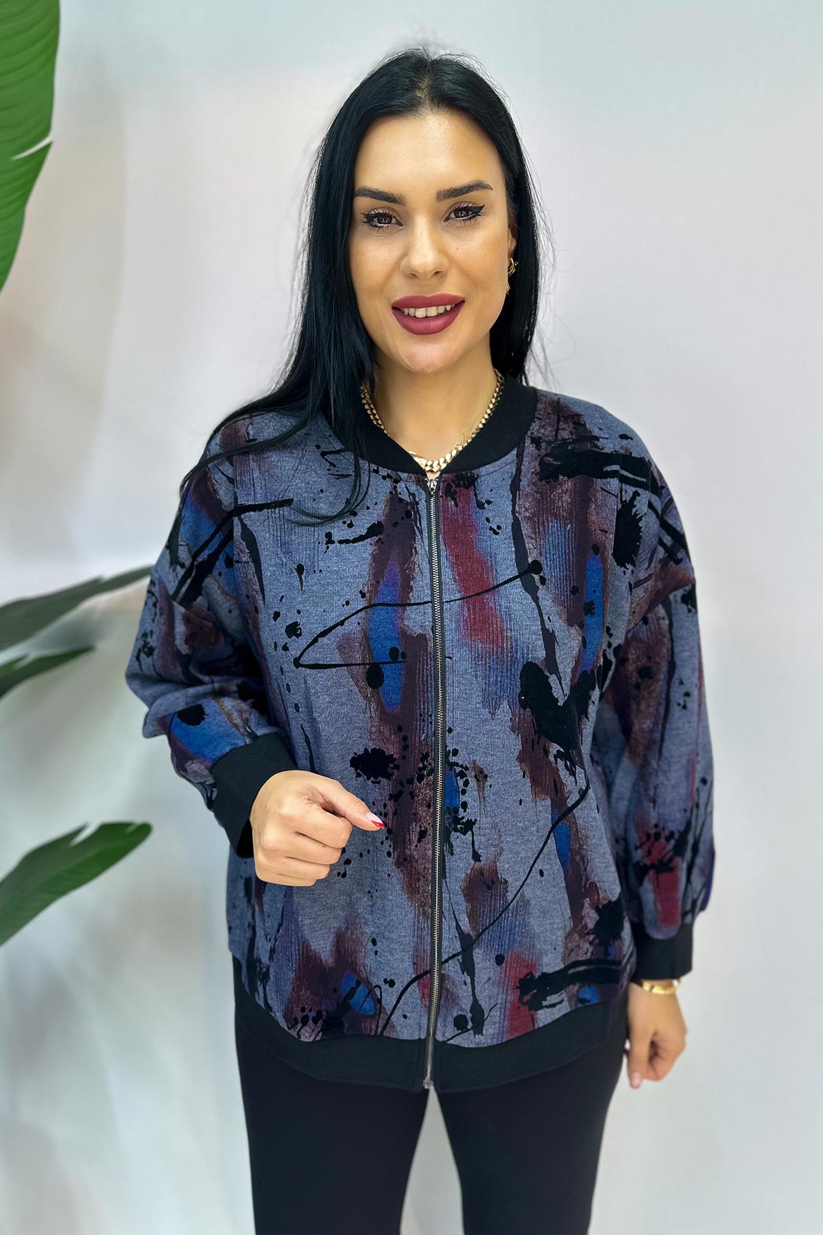 Baskılı Fermuarlı Büyük Beden Sweatshirt - Mavi