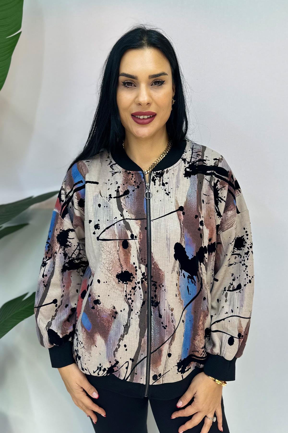 Baskılı Fermuarlı Büyük Beden Sweatshirt - Bej