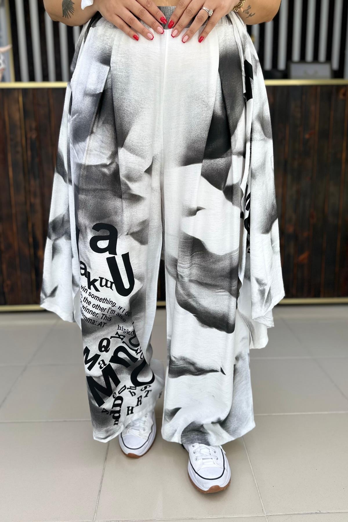 BATİK DESEN PAMUKLU PANTALON BEYAZ BÜYÜK BEDEN