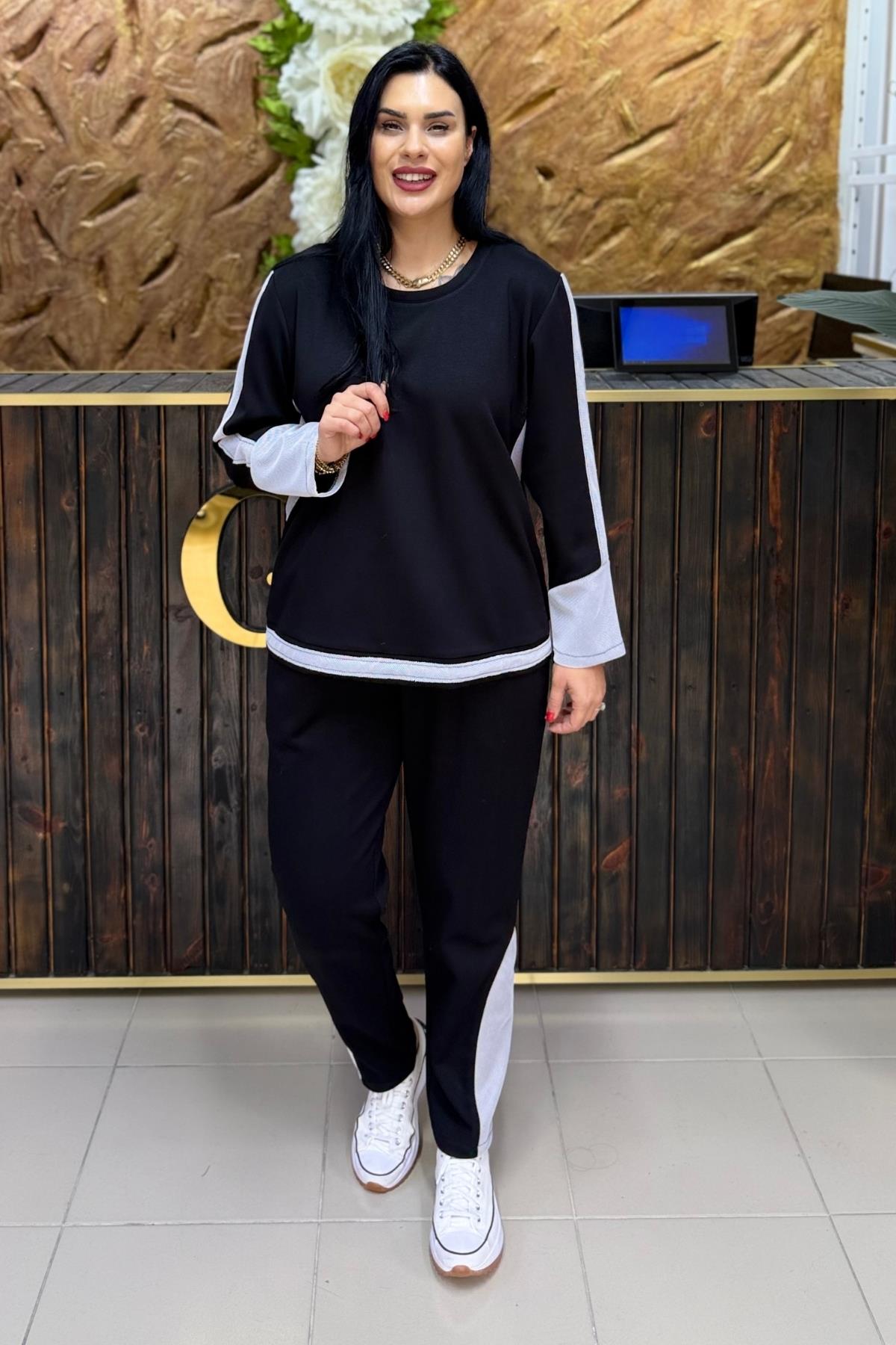 BEYAZ FİLE DETAYLI SİYAH BÜYÜK BEDEN TAKIM