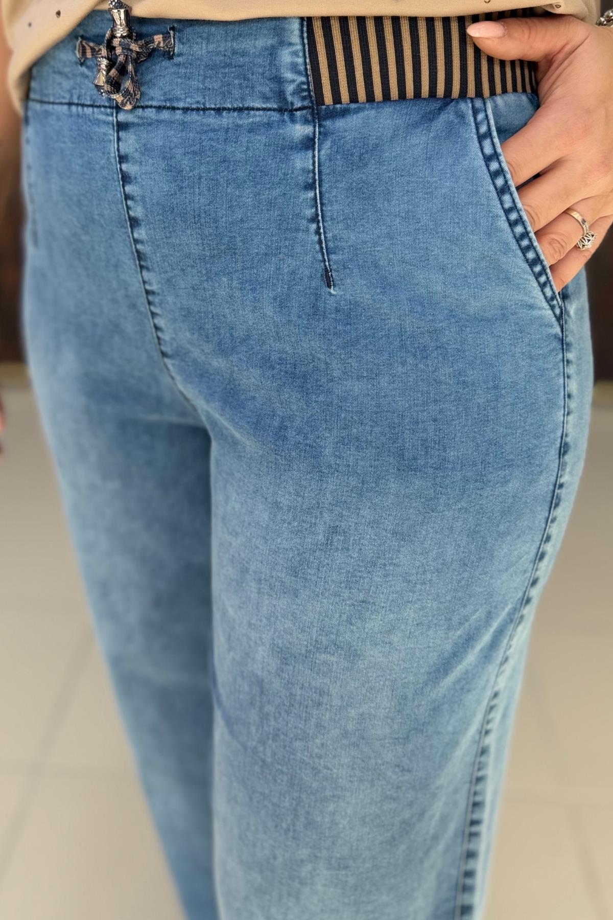 BOL PAÇA BEL DETAYLI BÜYÜK BEDEN PANTOLON MAVİ