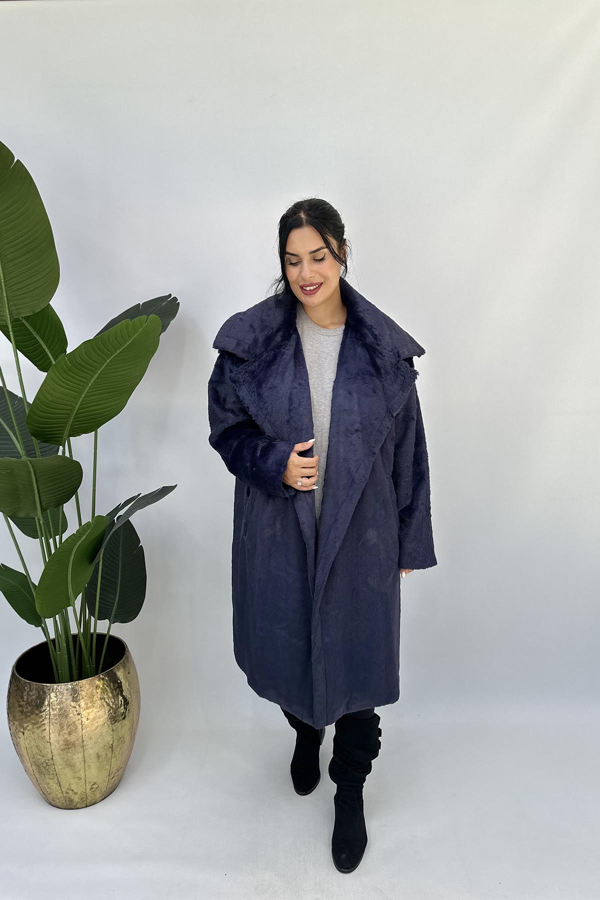 Büyük Beden -20 Peluş Kürk Kaban - Lacivert