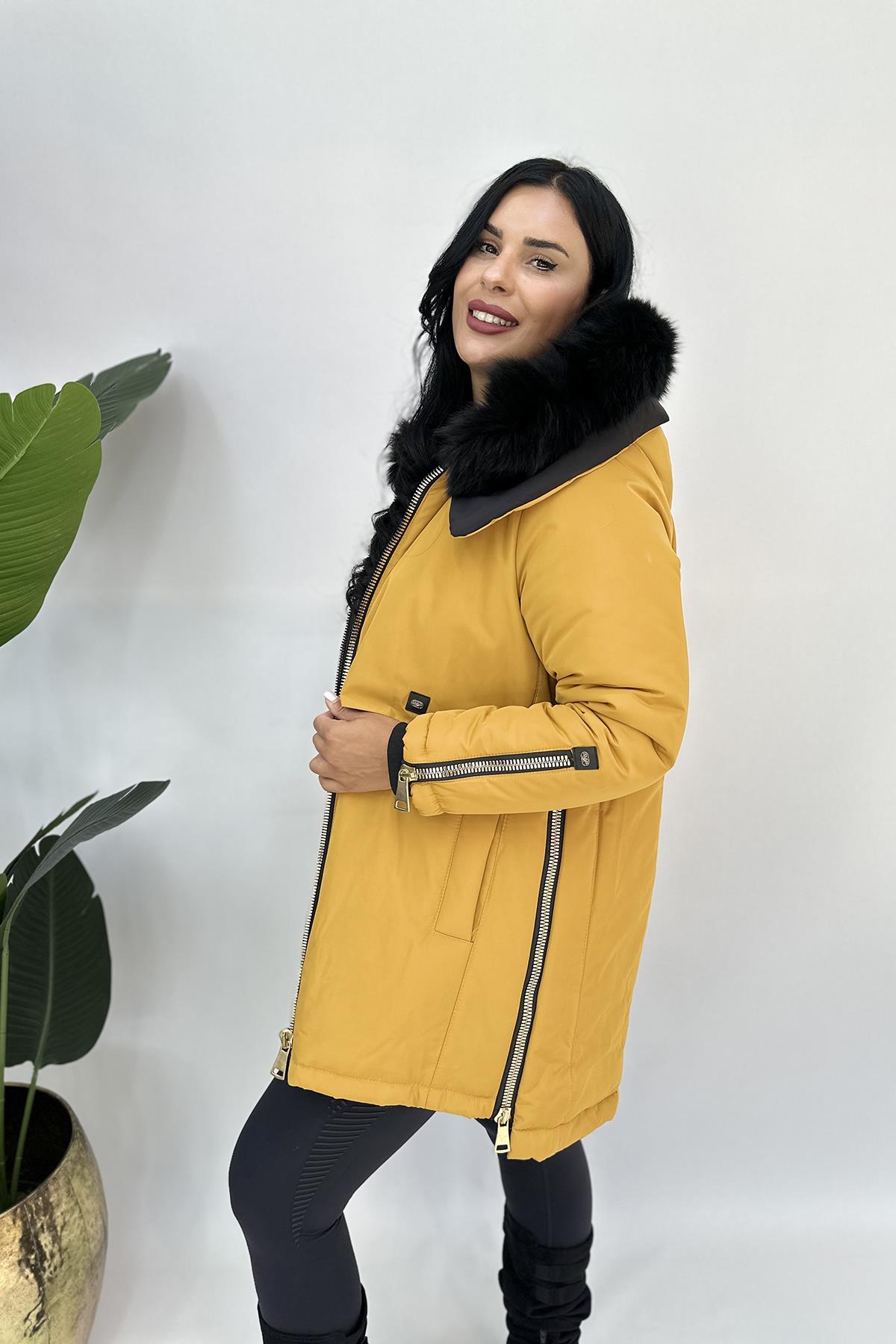 Büyük Beden arma kürklü mont hardal