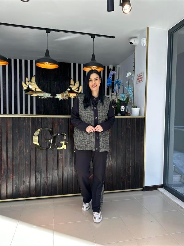 Büyük Beden Kabartmalı tasarım yeşil ceket takım