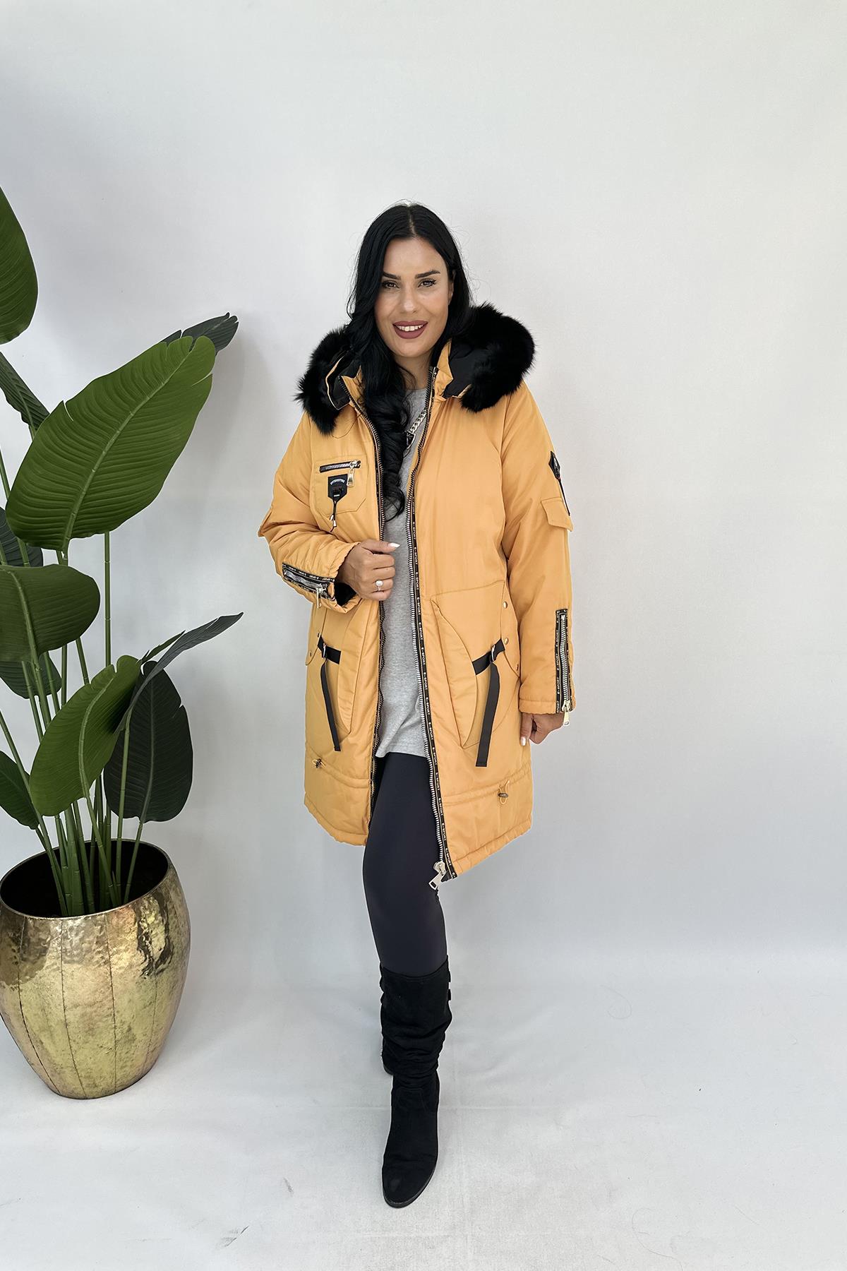 Büyük Beden sprit kürklü mont hardal