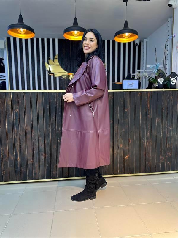 Büyük Beden Tasarım Deri Trenç - Bordo