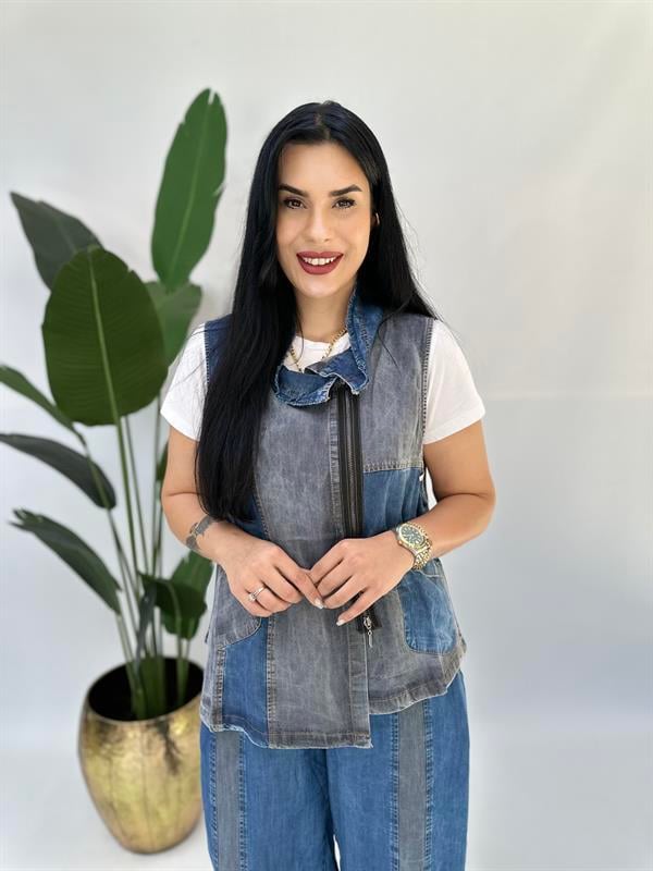 Büyük Beden tencel kot patchwork bluz yelek